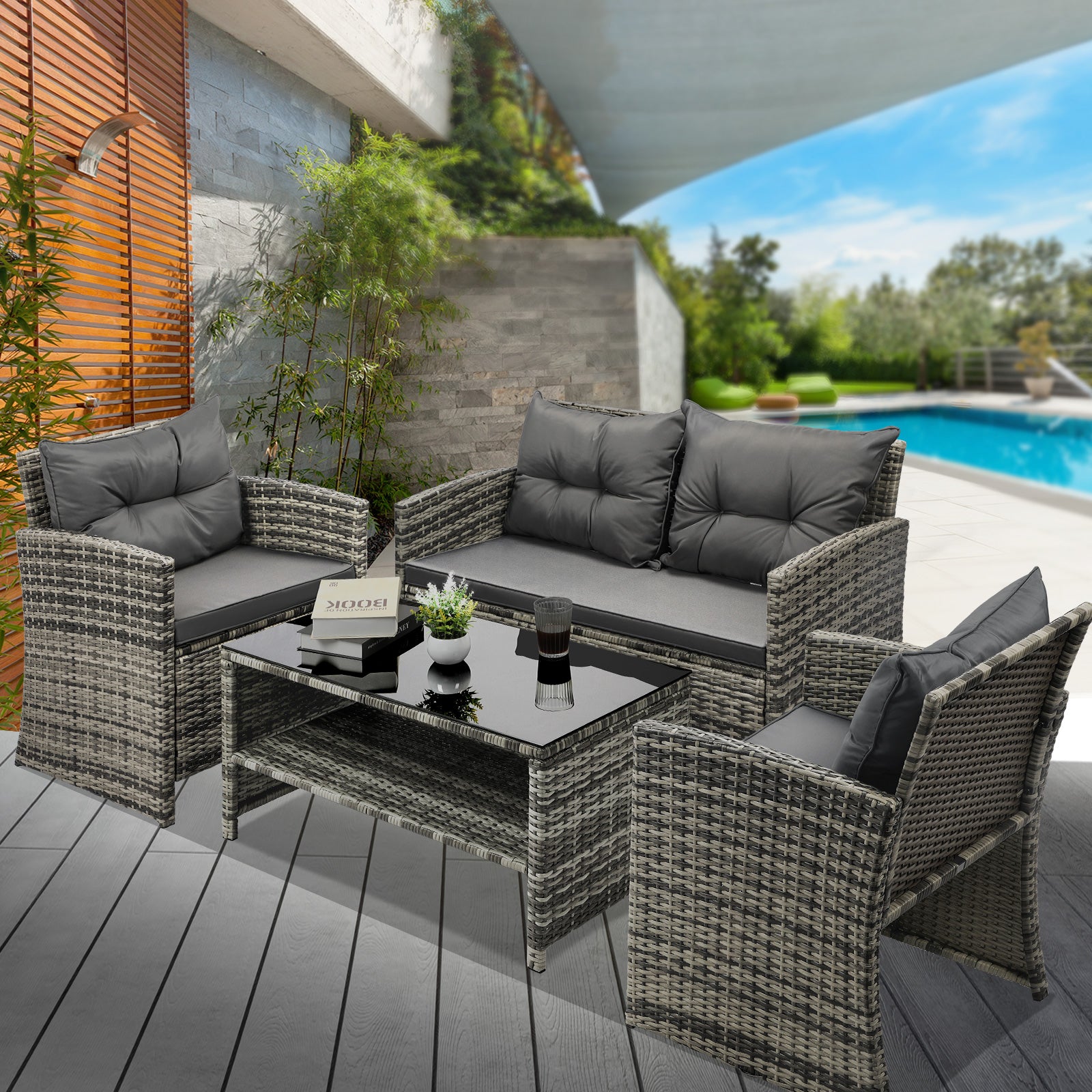 Livsip Outdoor Sofa Set Patio Furniture Wicker Table Chair Garden Lounge 4Piece - Sunyee