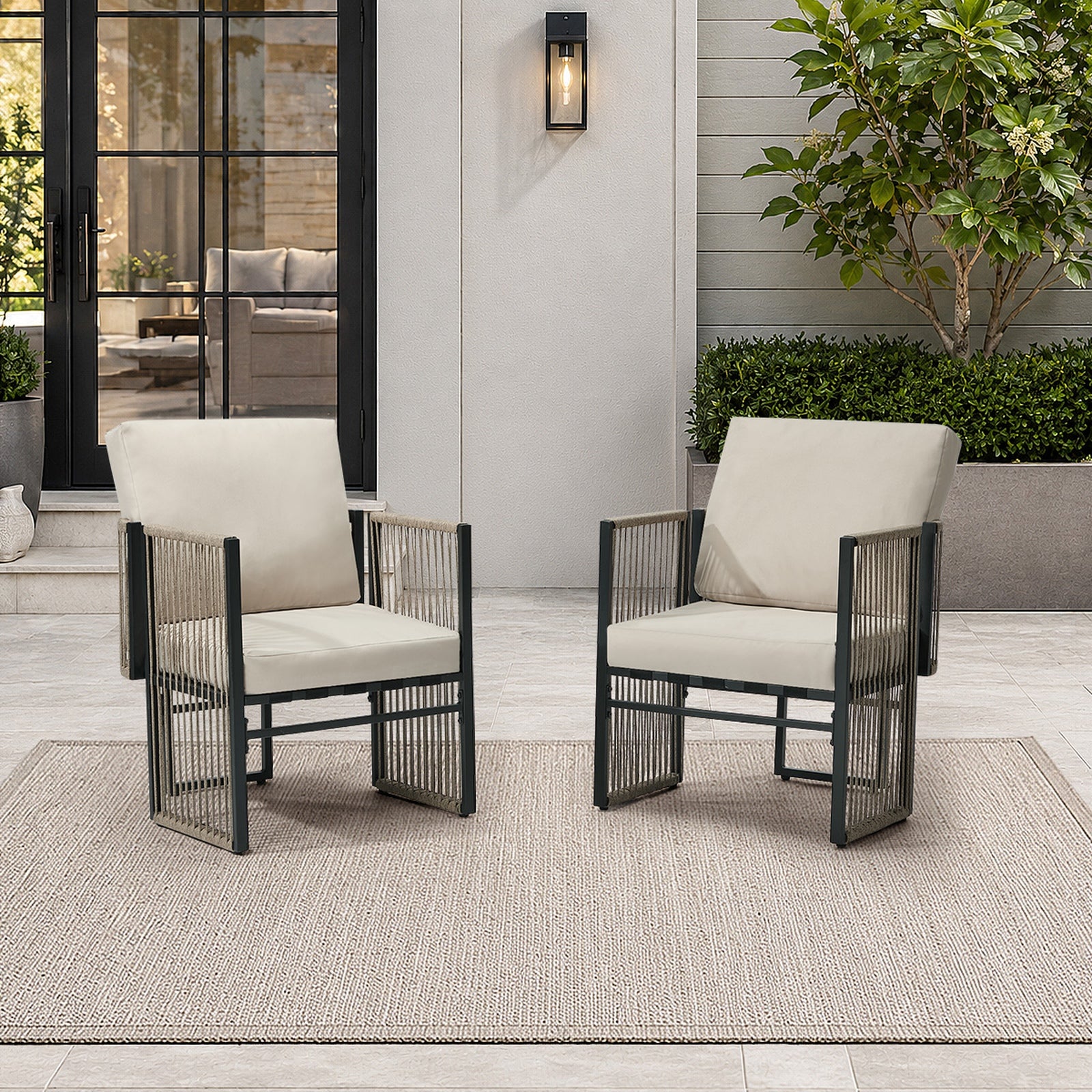 Livsip 2 Pieces Outdoor Patio Chair Bistro Lounge with Cushions Woven Rope