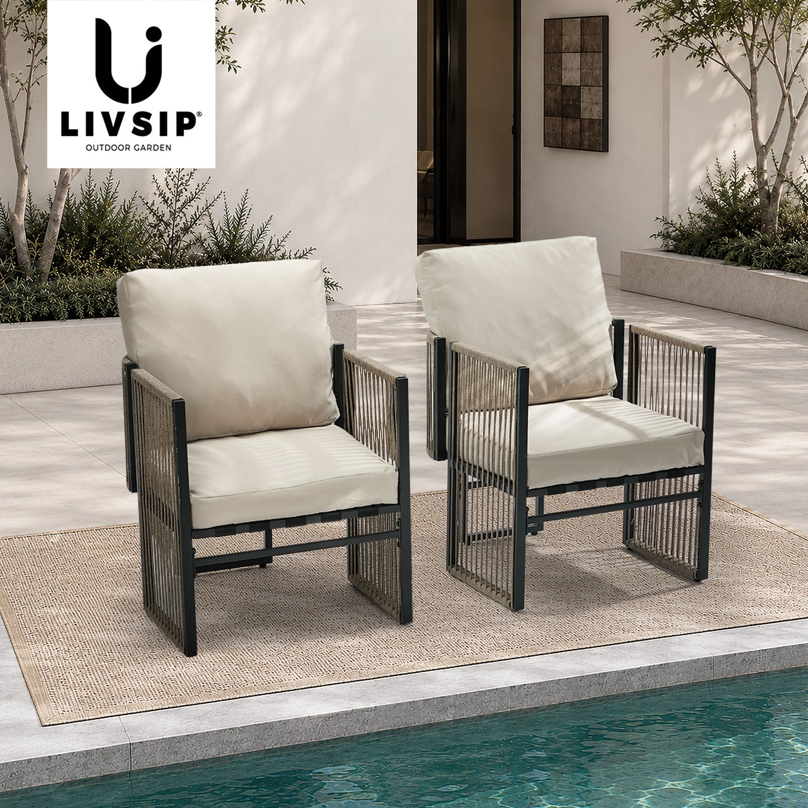 Livsip 2 Pieces Outdoor Patio Chair Bistro Lounge with Cushions Woven Rope