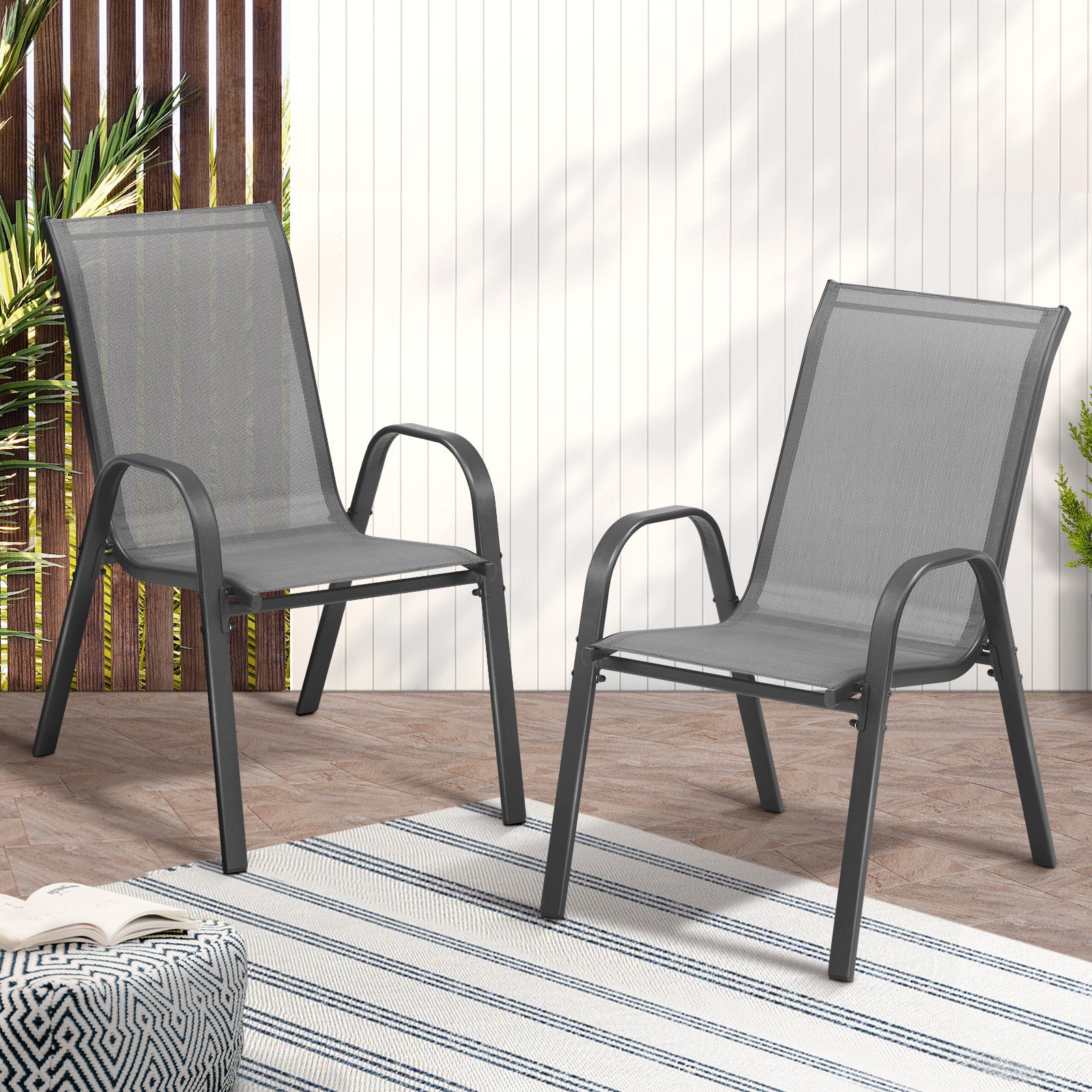 Livsip 2x Outdoor Stackable Chairs Patio Furniture Lounge Chair Bistro Set Grey - Sunyee