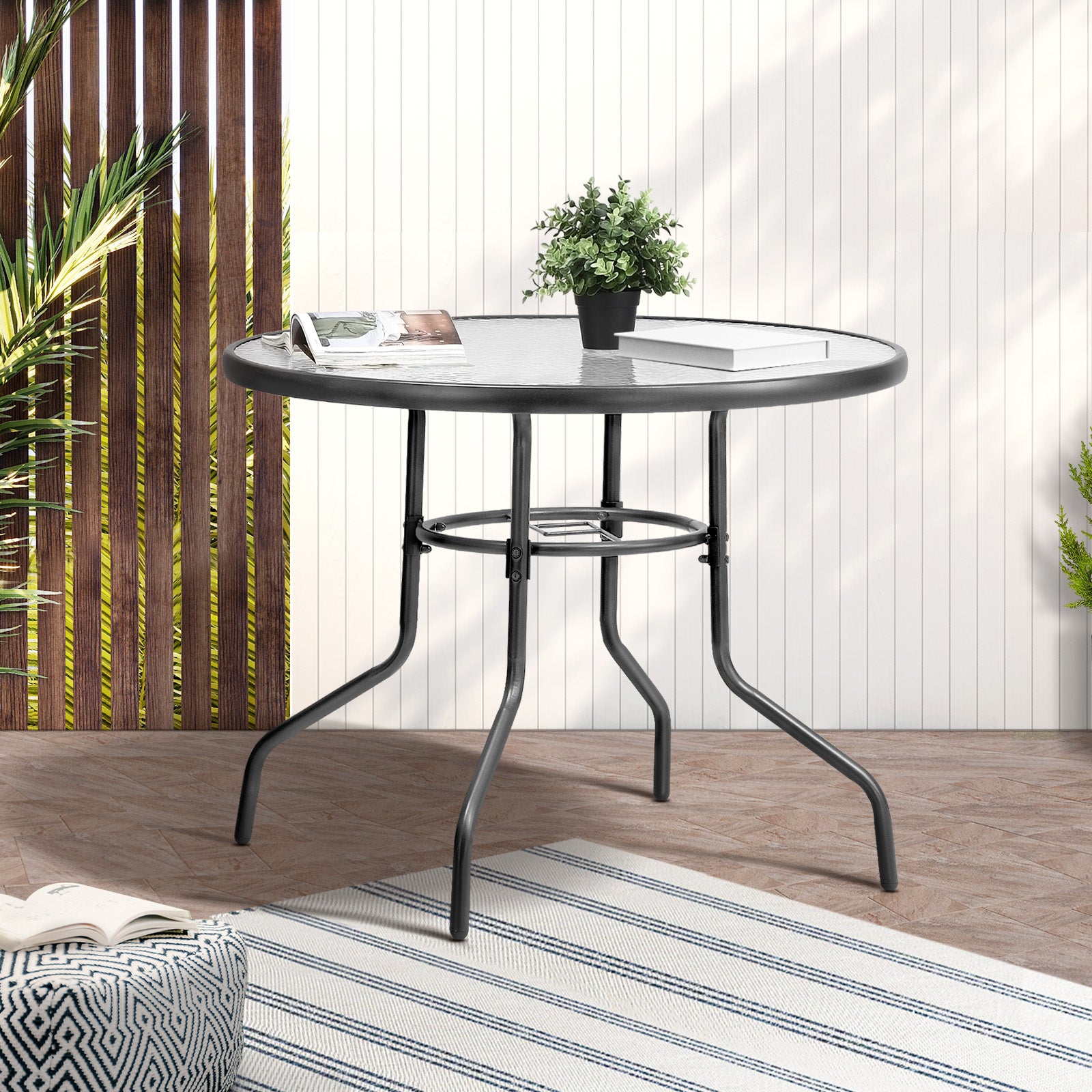 Livsip 90cm Outdoor Dining Glass Table Round Patio Furniture Bistro Set Grey - Sunyee