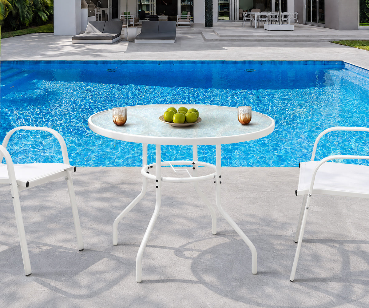 Livsip 90cm Outdoor Dining Glass Table Round Patio Furniture Bistro Set White - Sunyee