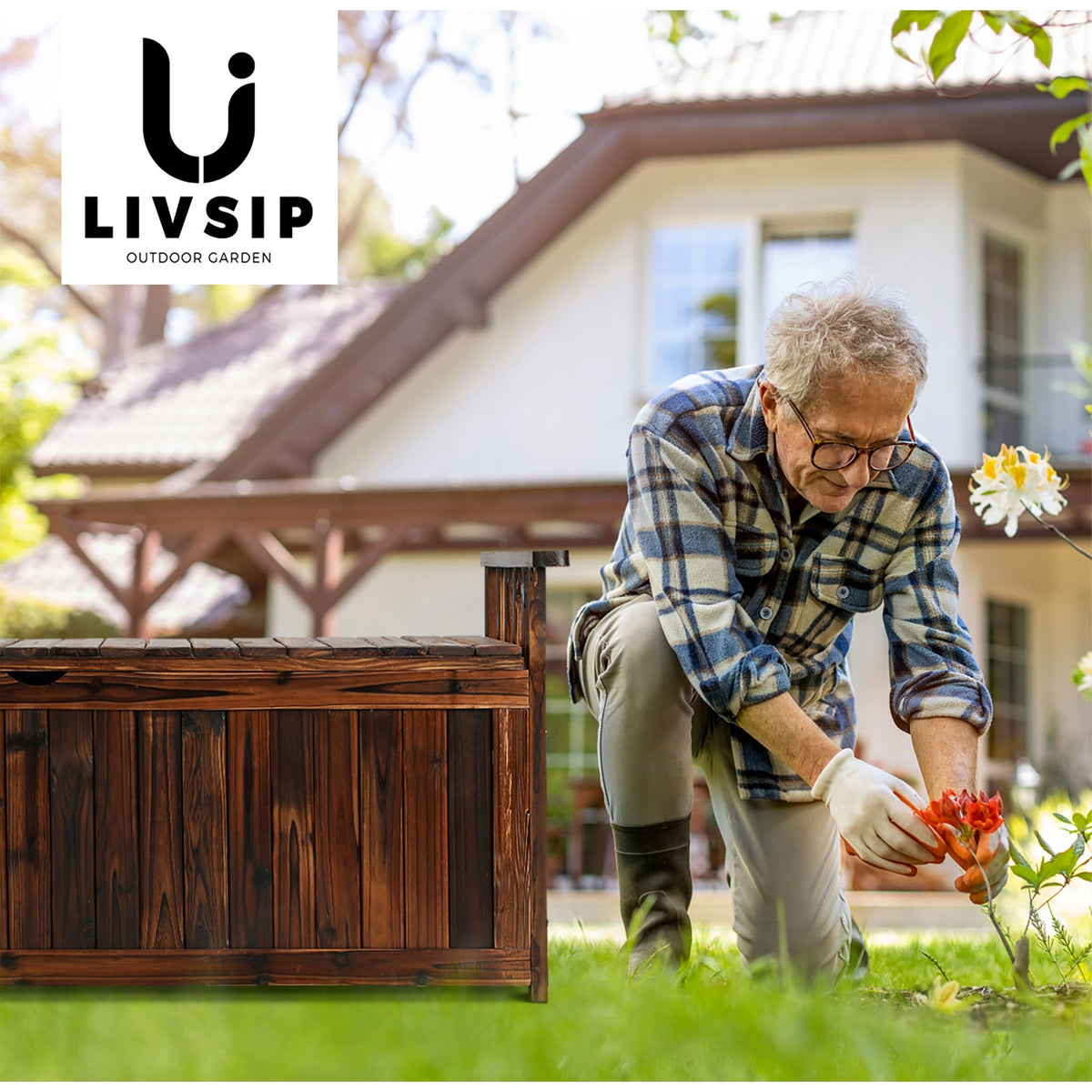 Livsip Outdoor Storage Box Garden Bench Wooden Chest Toy Tool Container Furniture