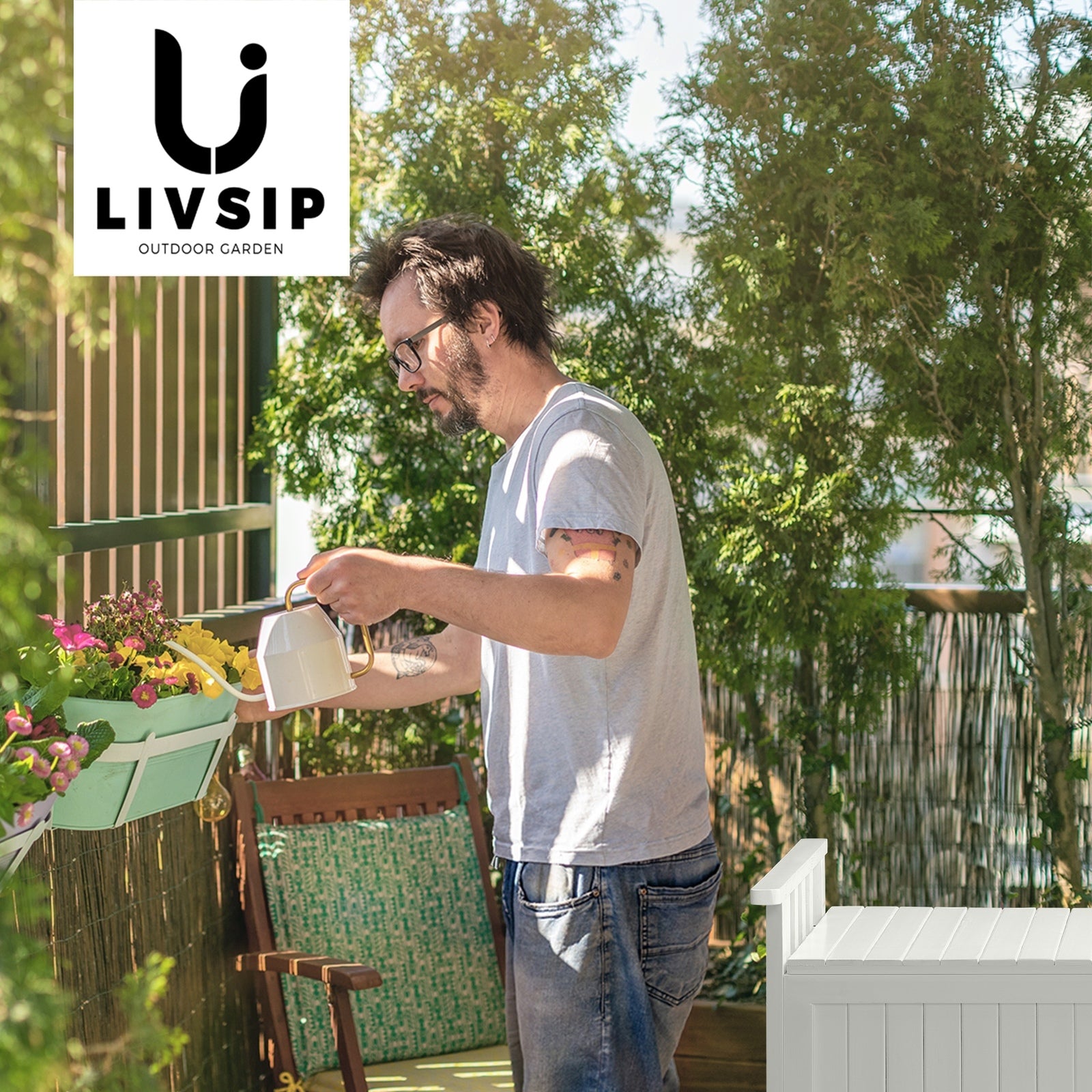 Livsip Outdoor Storage Box Garden Bench Wooden Container Cabinet 500L White - Sunyee
