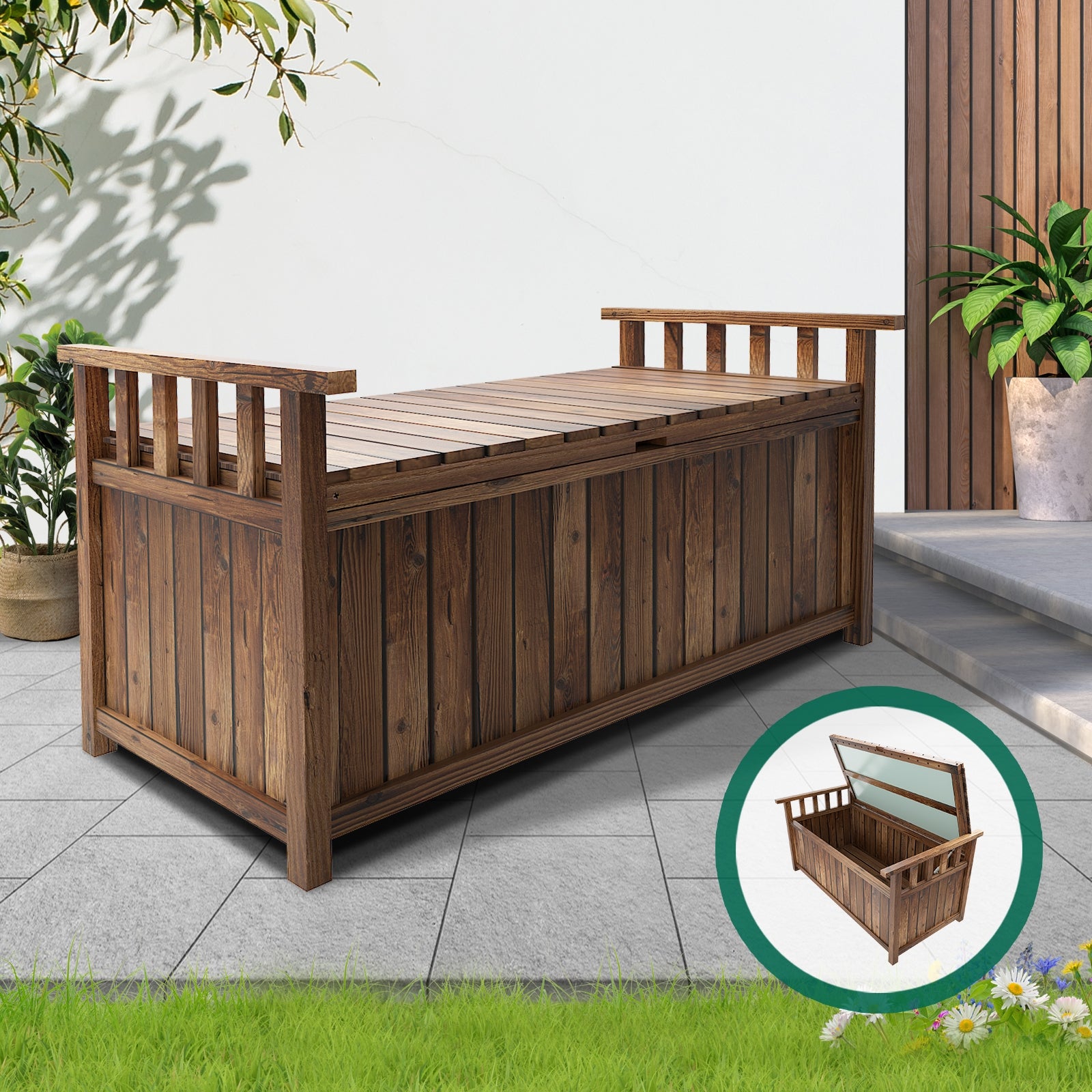 Livsip Outdoor Storage Box Wooden Garden Bench Chest Toy Tool Sheds Furniture - Sunyee