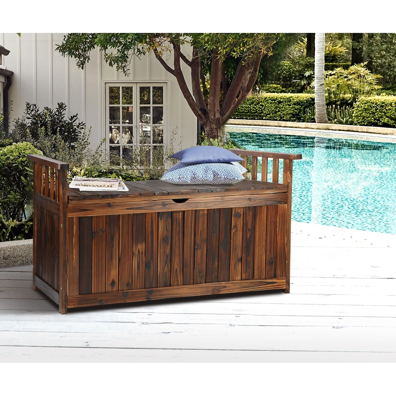 Livsip Outdoor Storage Box Wooden Garden Bench Chest Tool Container L Charcoal - Sunyee