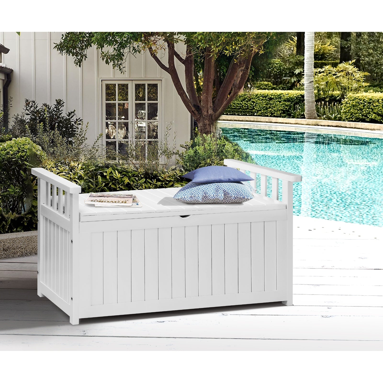 Livsip Outdoor Storage Box Wooden Garden Bench Chest Tool Container L White - Sunyee