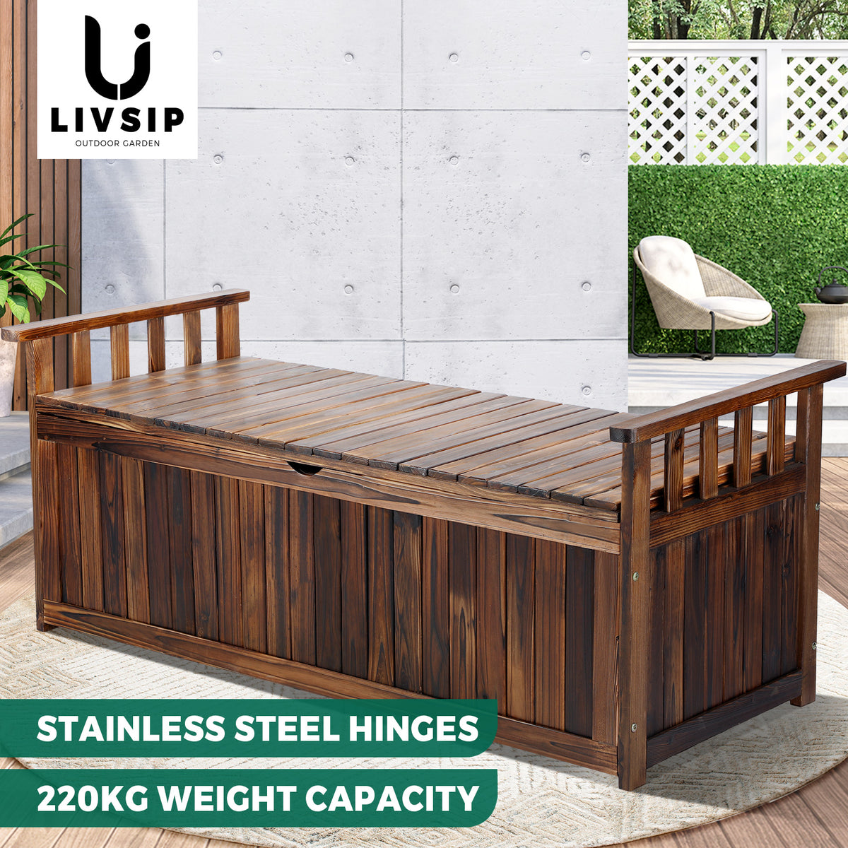 Livsip Outdoor Storage Box Garden Bench Wooden Chest Toy Tool Container Furniture