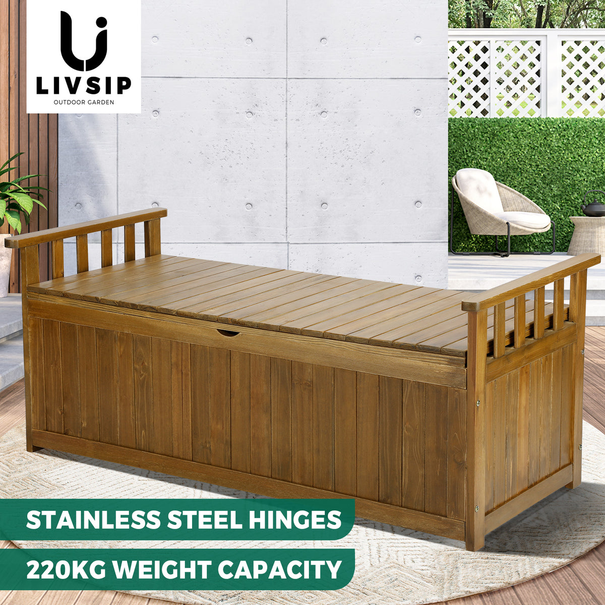 Livsip Outdoor Storage Box Garden Bench Wooden Chest Toy Tool Container Furniture
