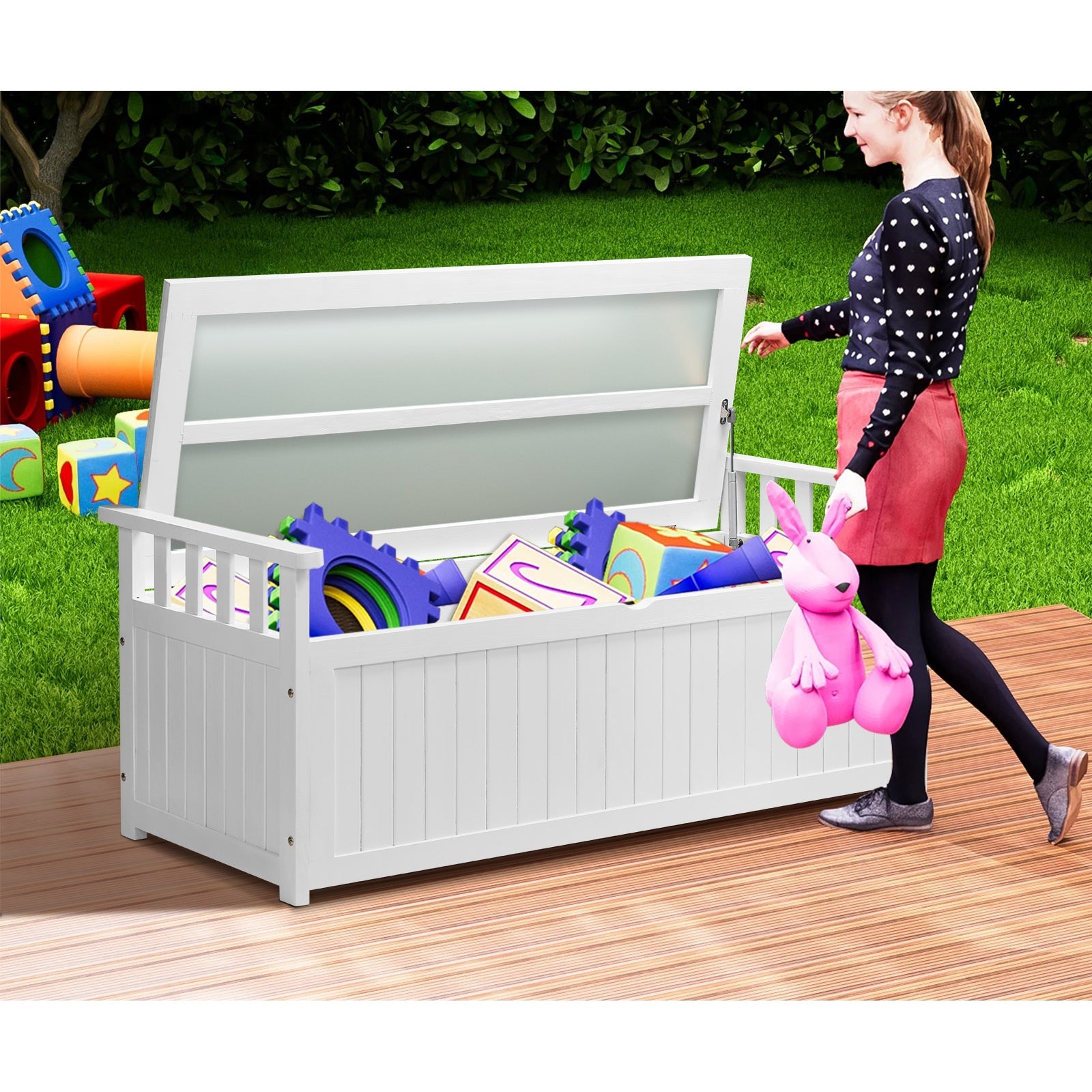 Livsip Outdoor Storage Bench Box Garden Wooden Container Chest Toy Tool Sheds XL - Sunyee
