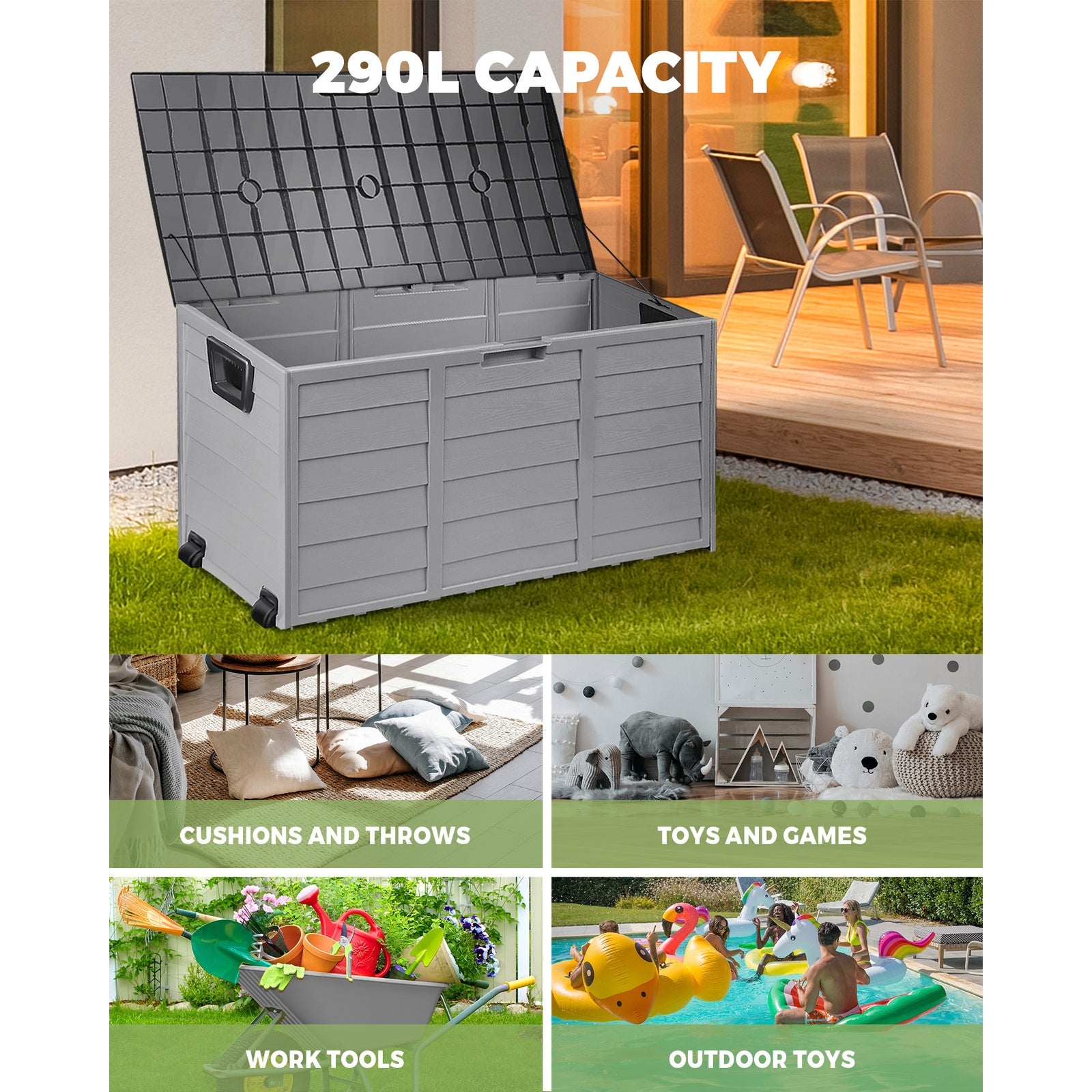 Outdoor Storage Box Lockable Weatherproof Garden DeckToy Shed 290L GREY - Sunyee
