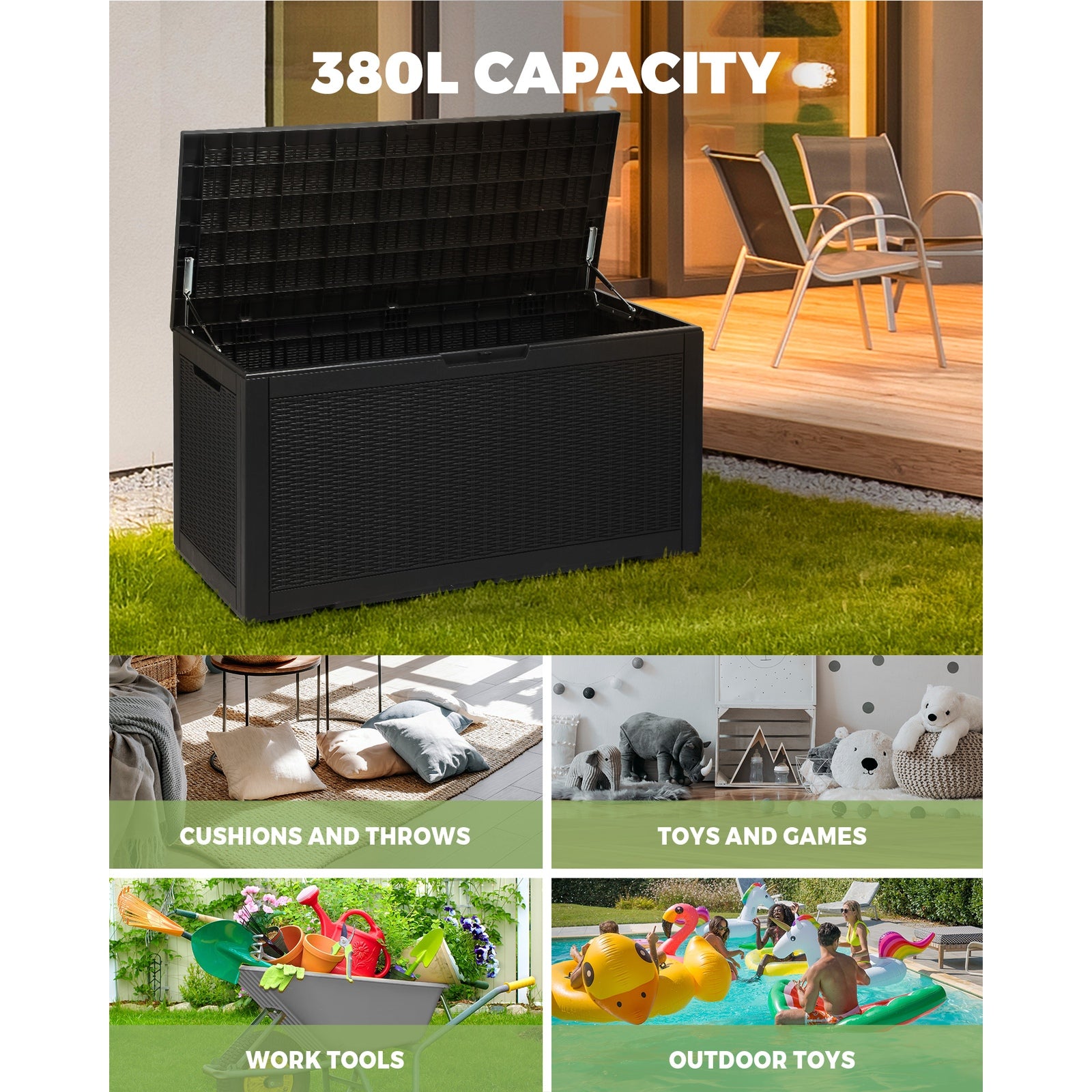 Livsip Outdoor Storage Box 380L Lockable Container Indoor Toy Tools Shed Garden - Sunyee