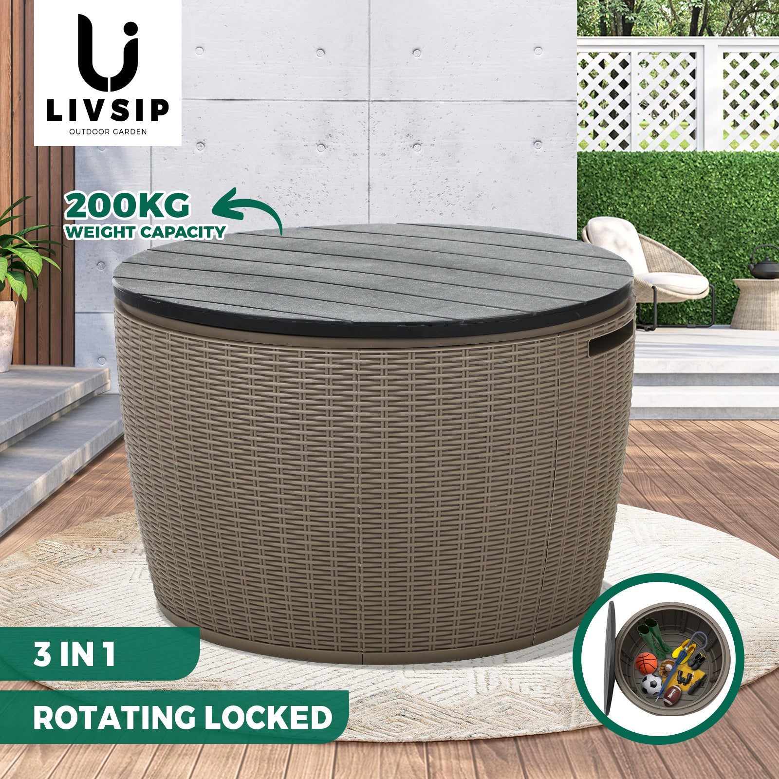 Livsip Outdoor Storage Box Lockable Deck Toy Shed Tool Organiser Garden Bench - Sunyee