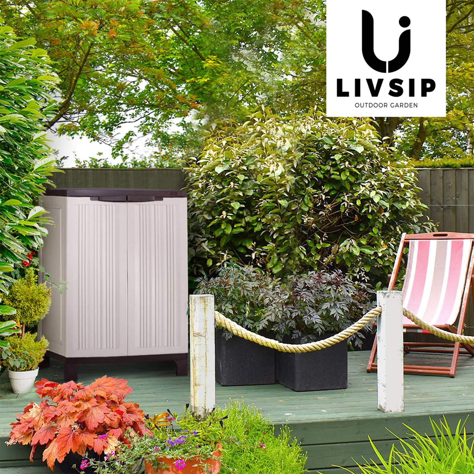 Livsip Outdoor Storage Cabinet Box Garden Cupboard Adjustable Lockable Brown - Sunyee