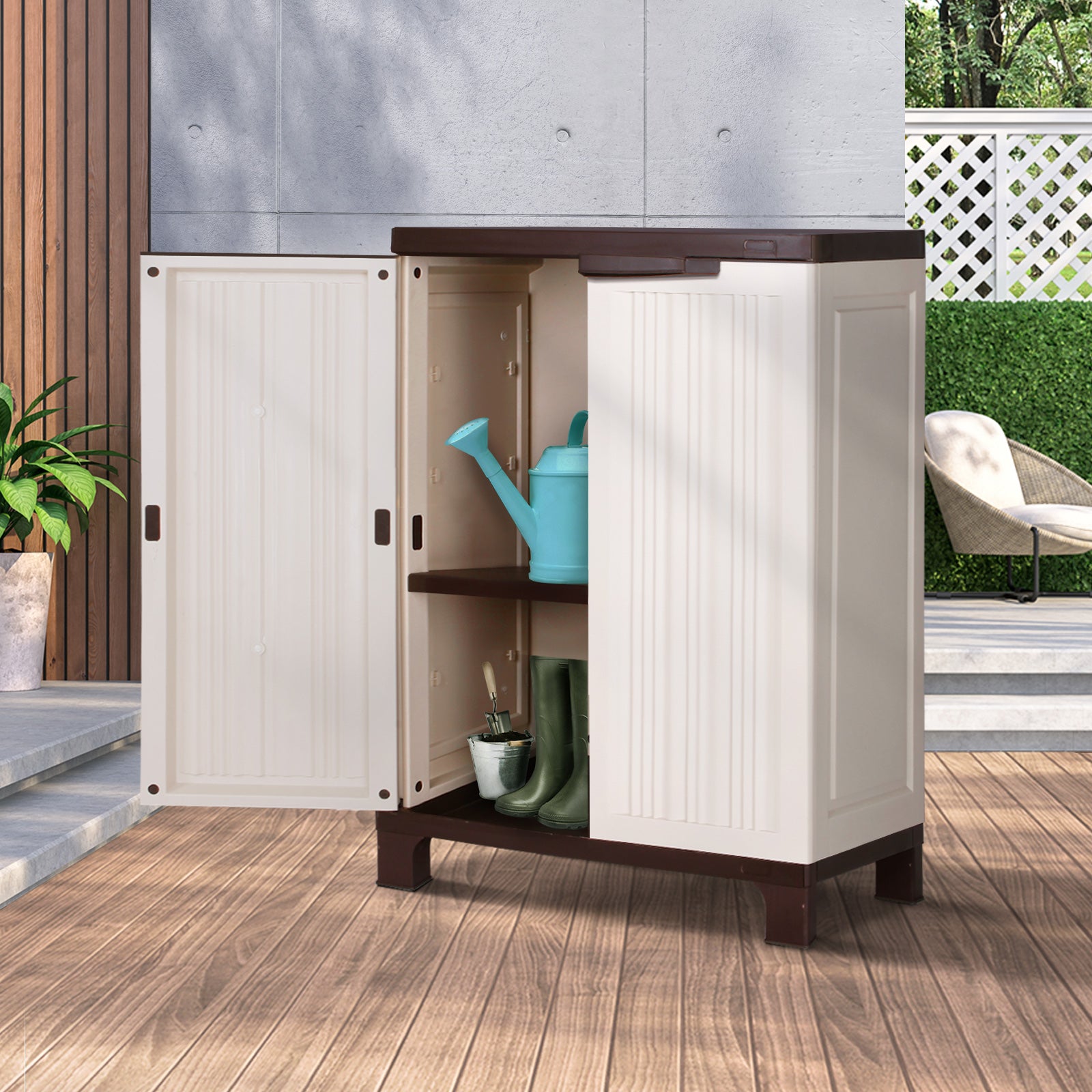 Livsip Outdoor Storage Cabinet Box Garden Cupboard Adjustable Lockable Brown - Sunyee