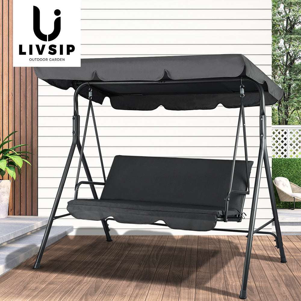 Livsip Outdoor Furniture Swing Chair Hammock 3 Seater Bench Seat Canopy Black - Sunyee