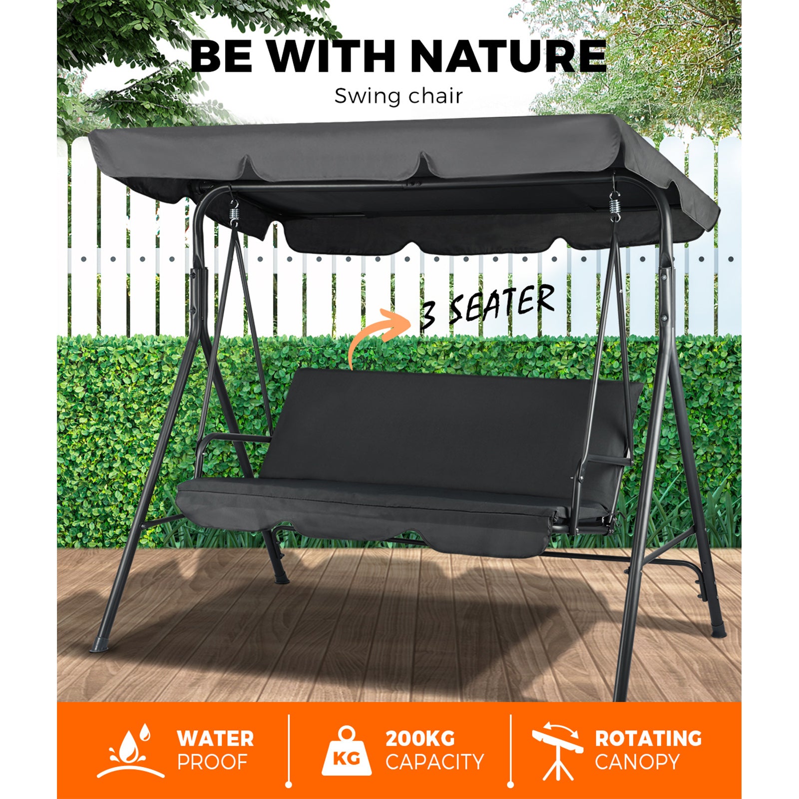 Livsip Outdoor Furniture Swing Chair Hammock 3 Seater Bench Seat Canopy Black - Sunyee