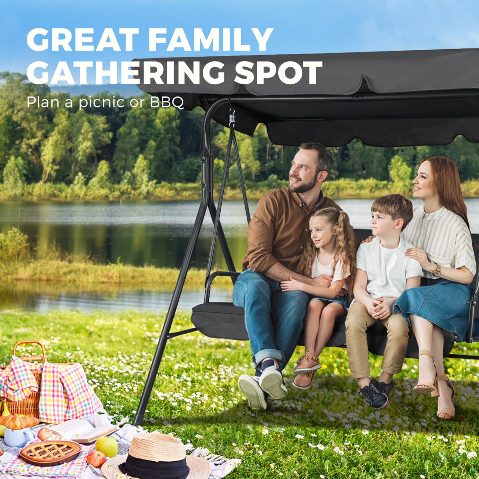 Livsip Outdoor Furniture Swing Chair Hammock 3 Seater Bench Seat Canopy Black - Sunyee