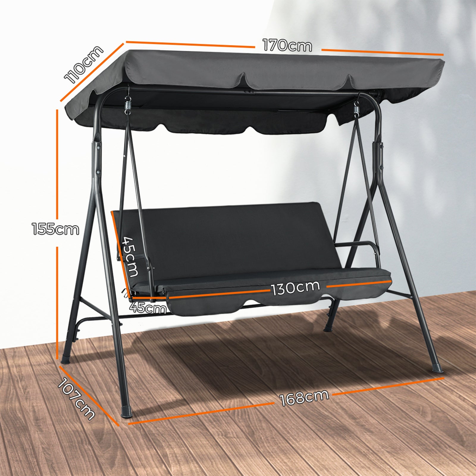 Livsip Outdoor Furniture Swing Chair Hammock 3 Seater Bench Seat Canopy Black - Sunyee