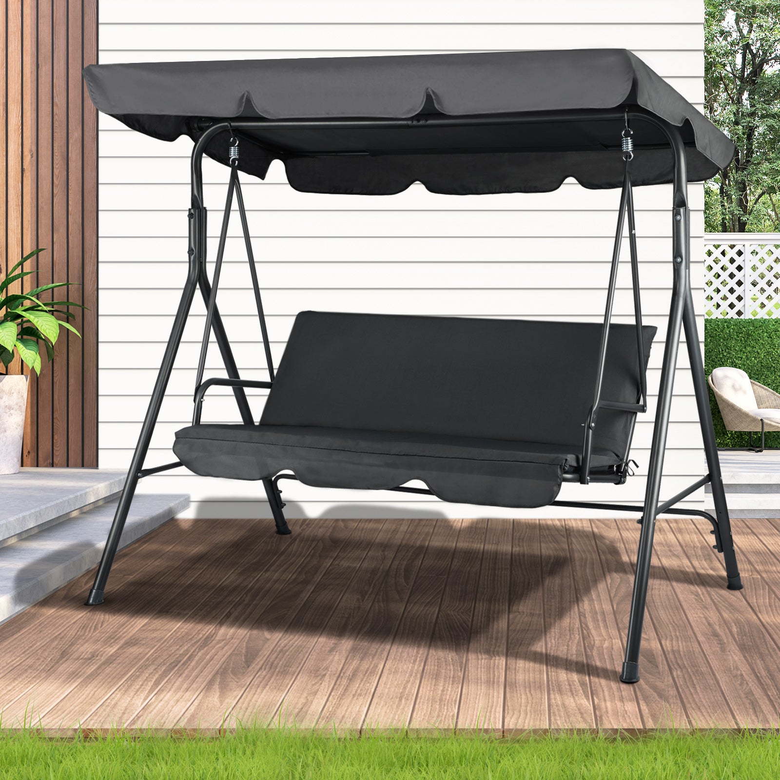 Livsip Outdoor Furniture Swing Chair Hammock 3 Seater Bench Seat Canopy Black - Sunyee