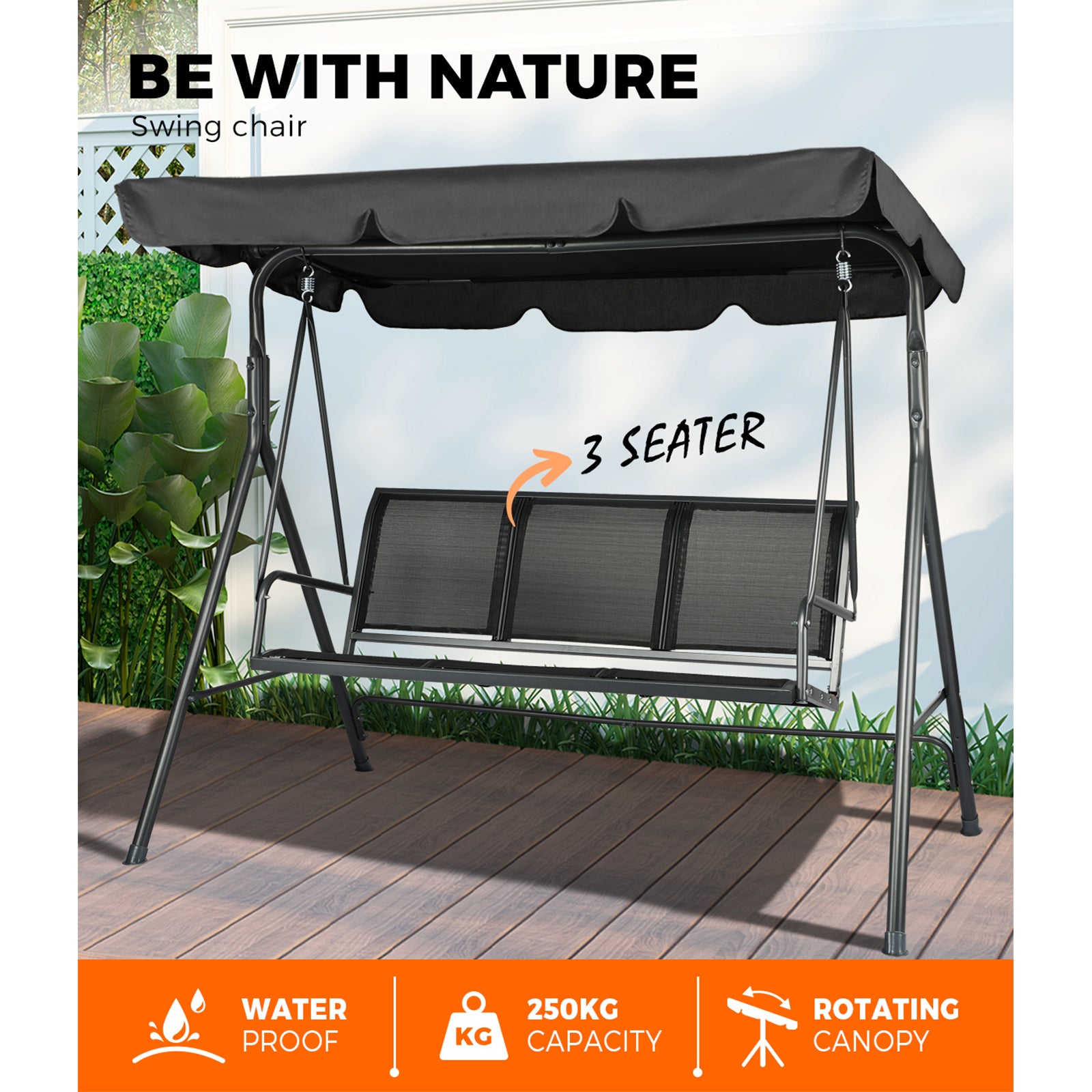 Livsip Swing Chair Garden Hammock Outdoor Furniture 3 Seater Patio Canopy Black - Sunyee