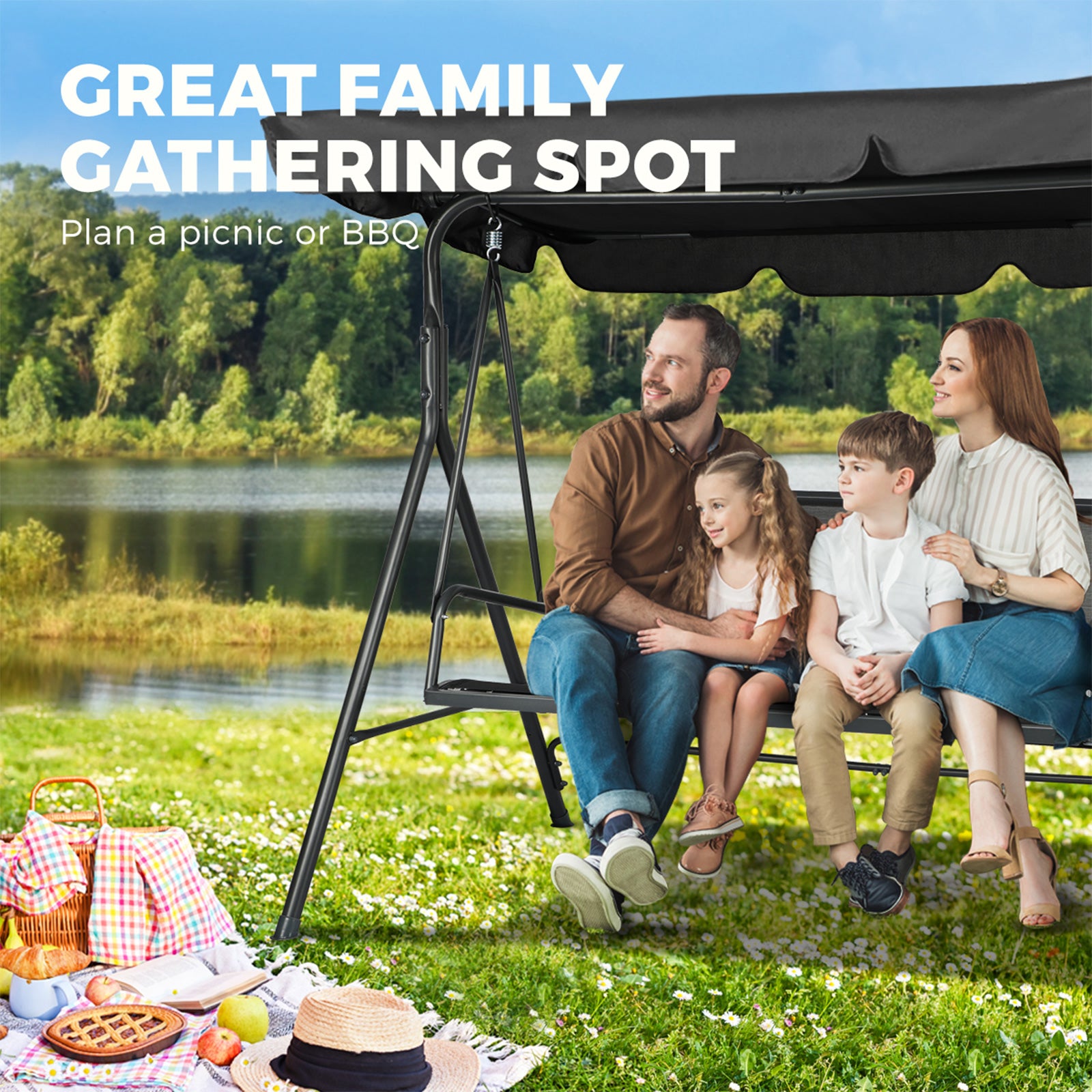 Livsip Swing Chair Garden Hammock Outdoor Furniture 3 Seater Patio Canopy Black - Sunyee