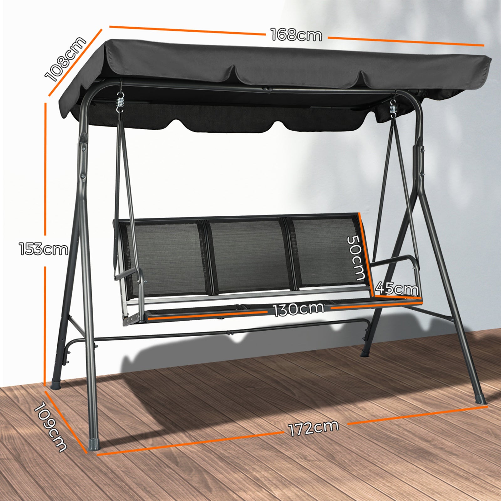 Livsip Swing Chair Garden Hammock Outdoor Furniture 3 Seater Patio Canopy Black - Sunyee