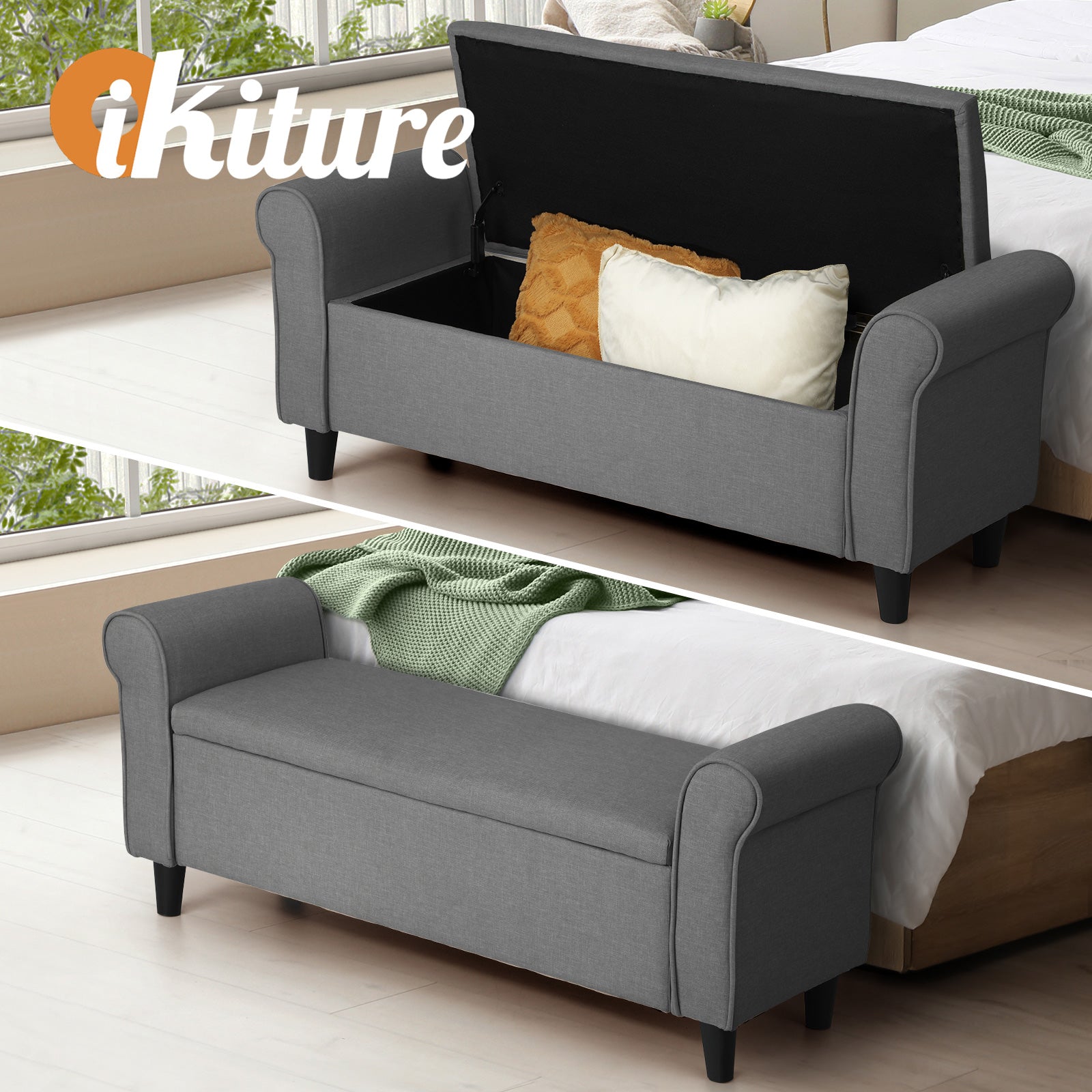 Oikiture Storage Ottoman Blanket Box Linen Fabric Arm Foot Stool Couch Large - Sunyee