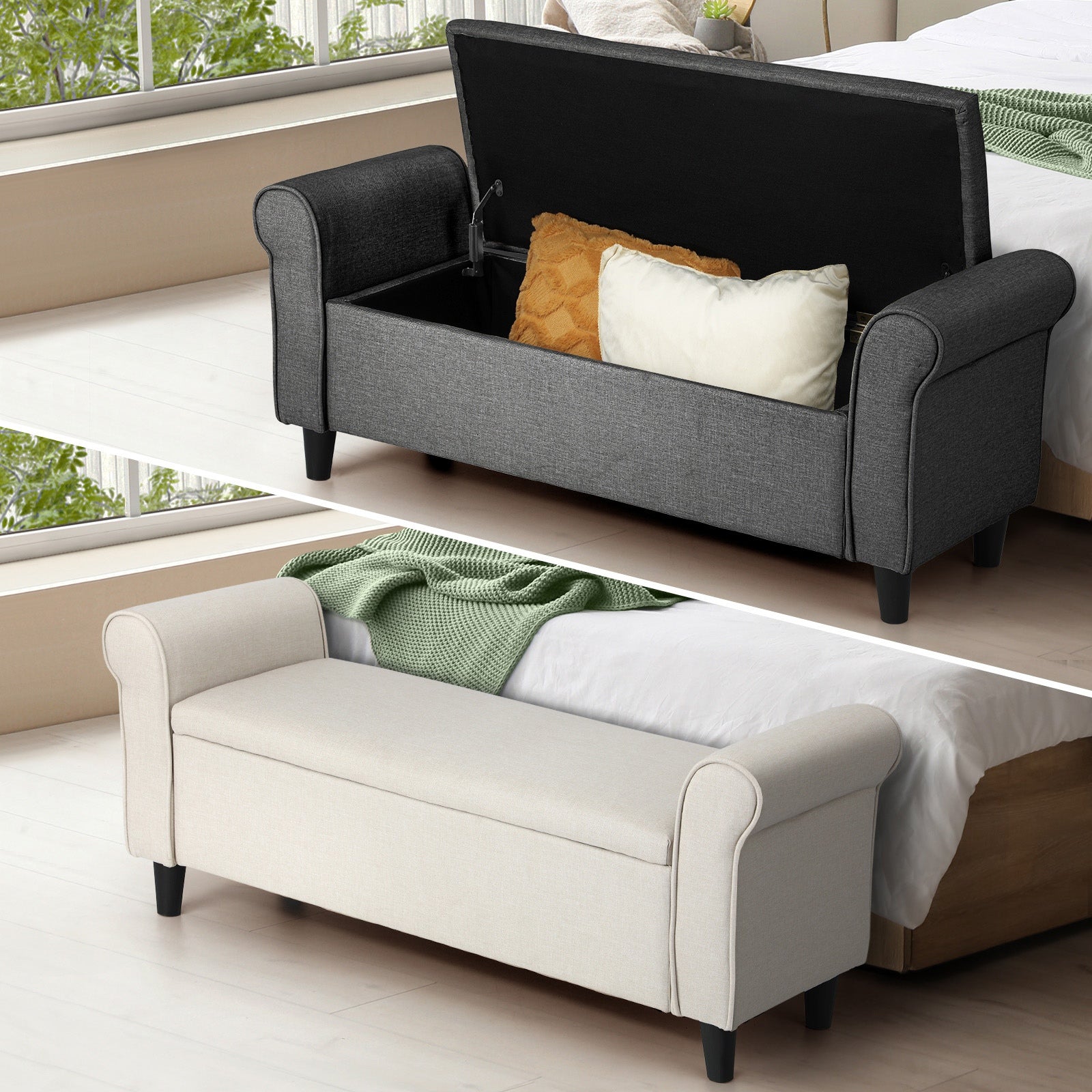 Oikiture Storage Ottoman Blanket Box Linen Fabric Arm Foot Stool Couch Bench - Sunyee
