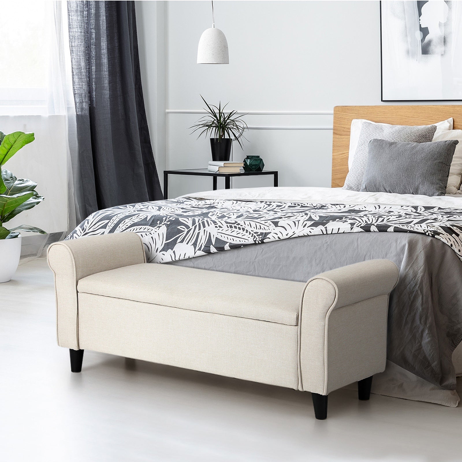 Oikiture Storage Ottoman Blanket Box Linen Fabric Arm Foot Stool Couch Bench - Sunyee