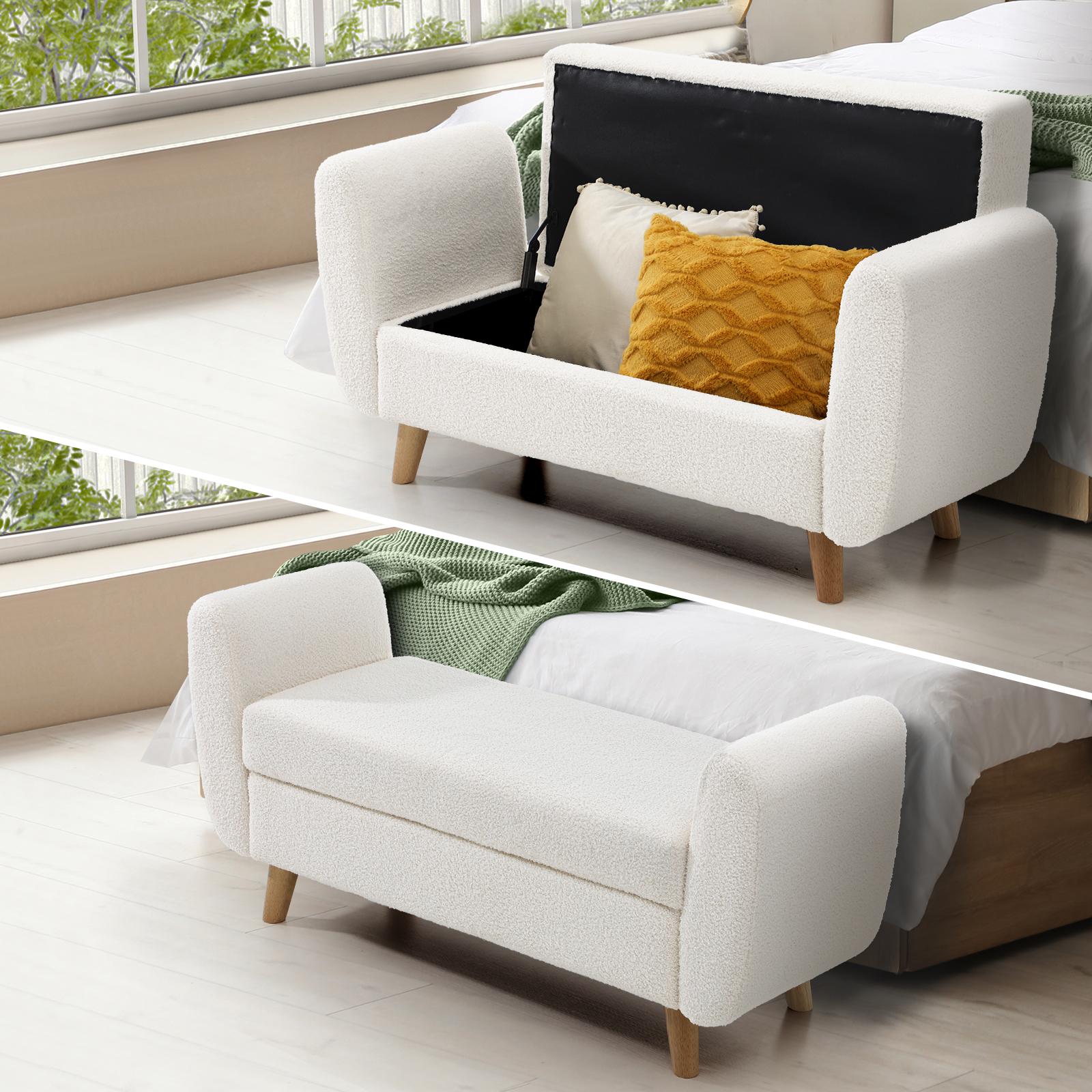 Oikiture Storage Ottoman Blanket Box Arm Foot Stool Couch Large Sherpa White - Sunyee