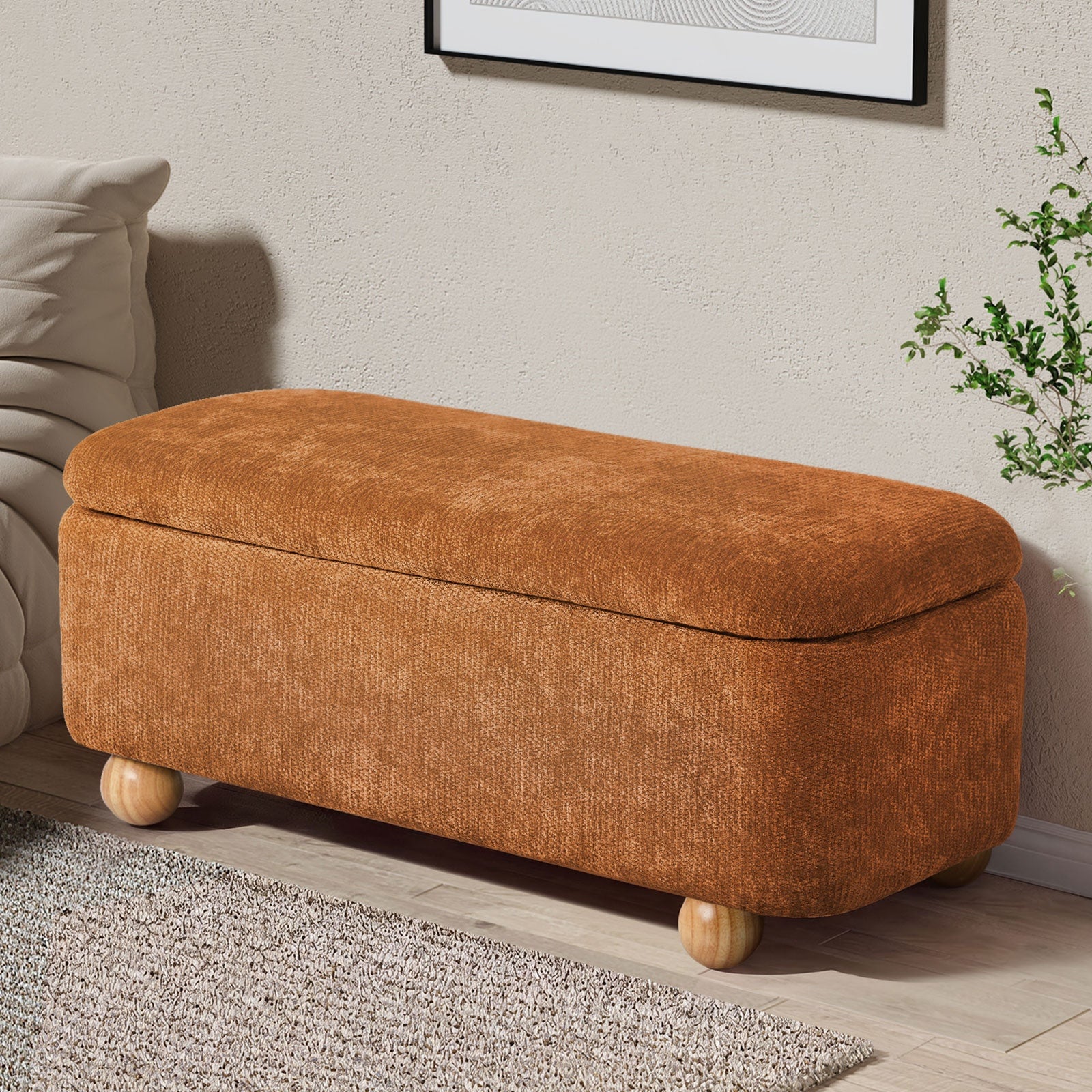 Oikiture Storage Ottoman Blanket Box Couch Bench Chenille Ball Foot Stool