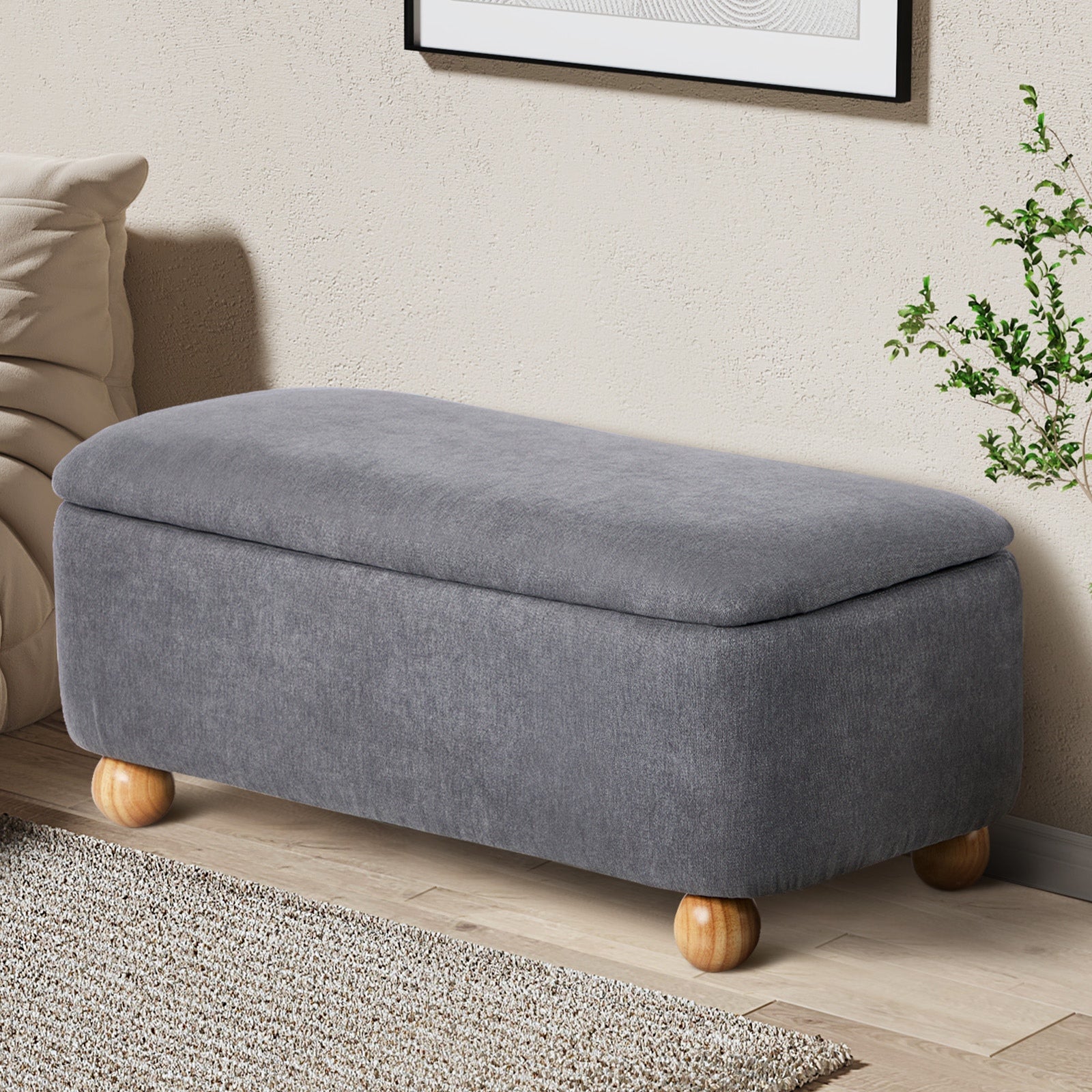 Oikiture Storage Ottoman Ball Foot Stool Linen Fabric Couch Bench Blanket Box - Sunyee