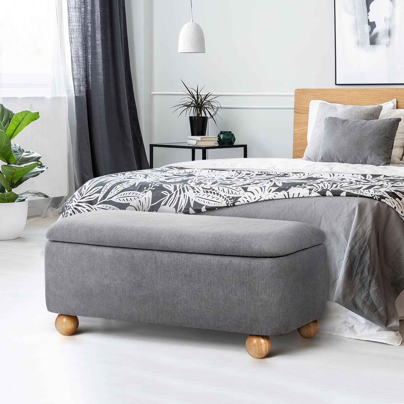 Oikiture Storage Ottoman Ball Foot Stool Linen Fabric Couch Bench Blanket Box - Sunyee