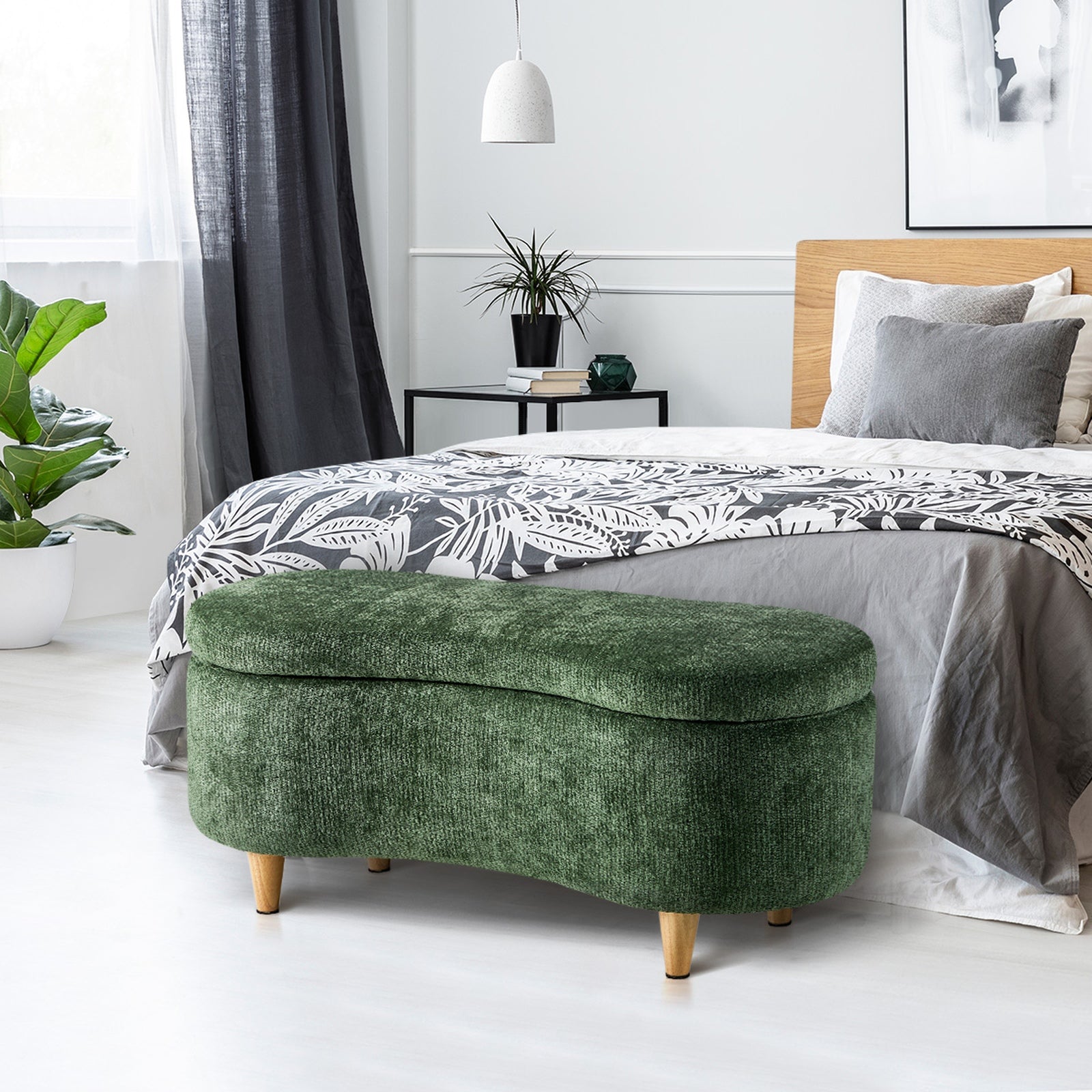 Oikiture Storage Ottoman Cashew Footstool Chenille Chest Bench Blanket Box Green - Sunyee