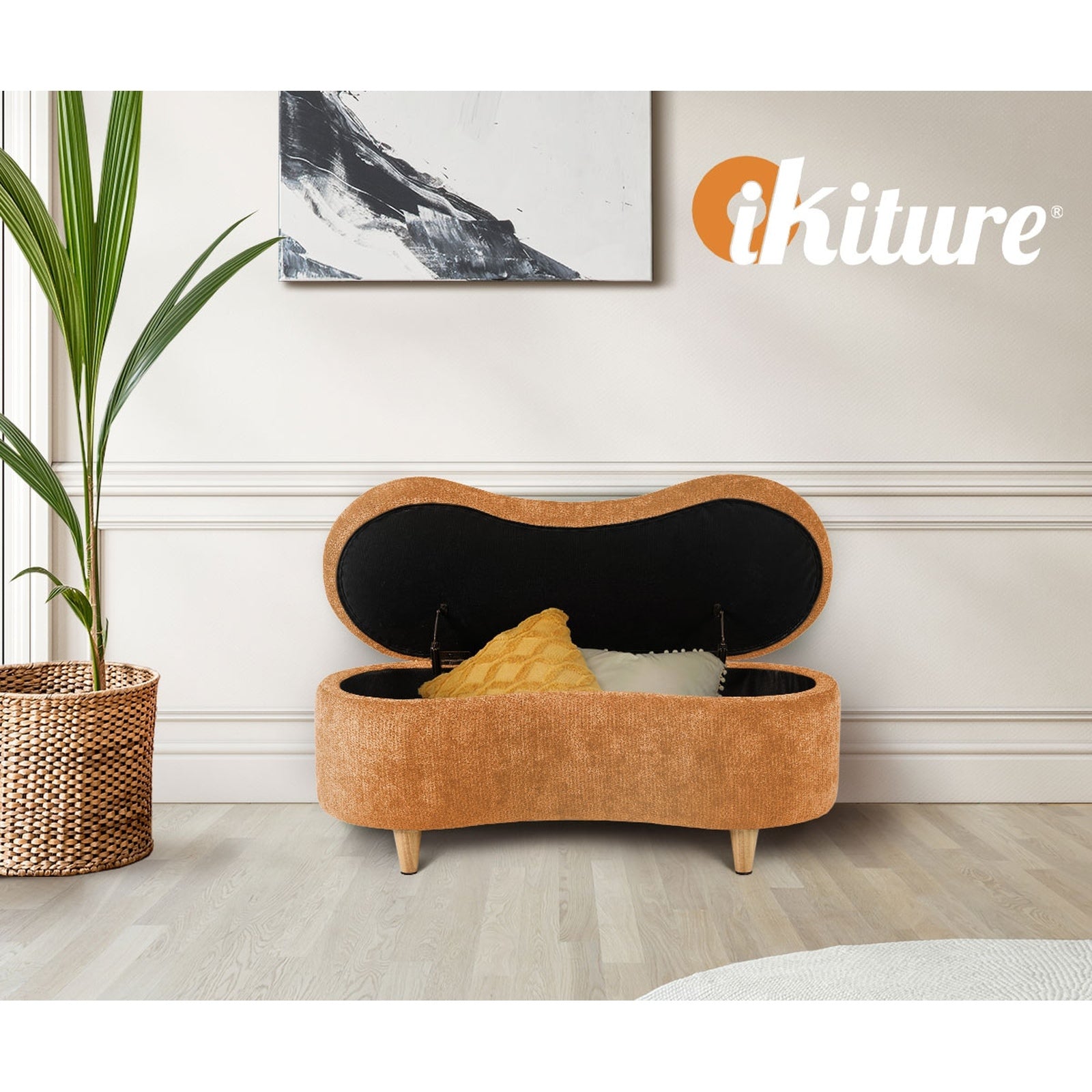 Oikiture Storage Ottoman Cashew Footstool Chenille Chest Bench Blanket Box Orange
