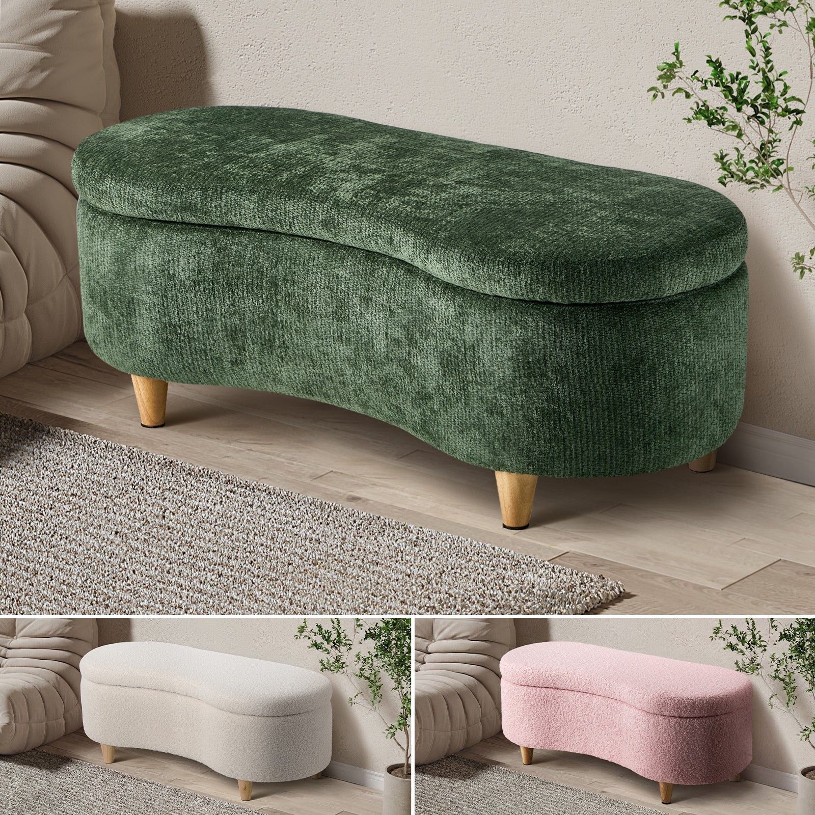 Oikiture Storage Ottoman Cashew Foot Stool Bench Blanket Toy Box Chest Boucle - Sunyee