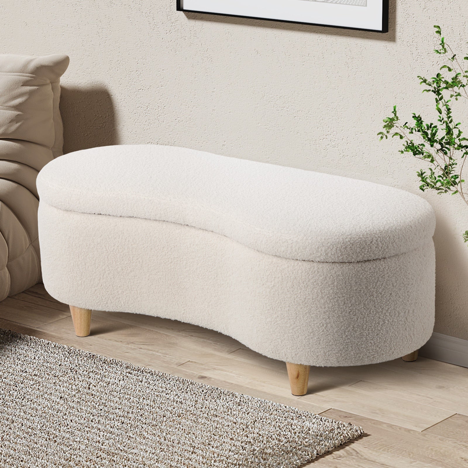 Oikiture Storage Ottoman Cashew Foot Stool Teddy Boucle Chest Bench Blanket Box - Sunyee