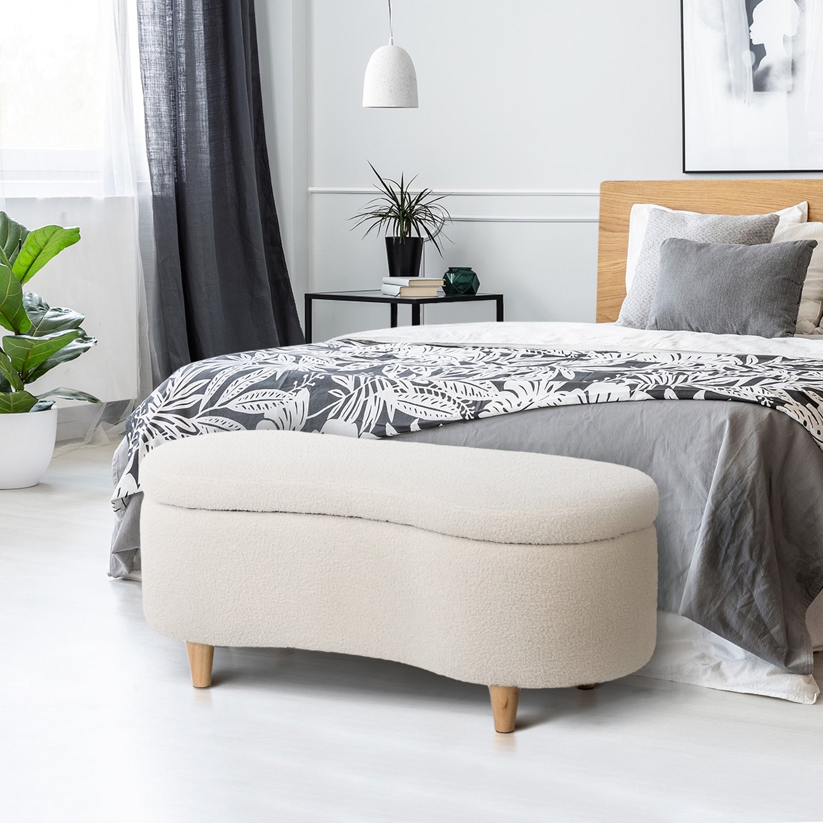 Oikiture Storage Ottoman Cashew Foot Stool Teddy Boucle Chest Bench Blanket Box - Sunyee