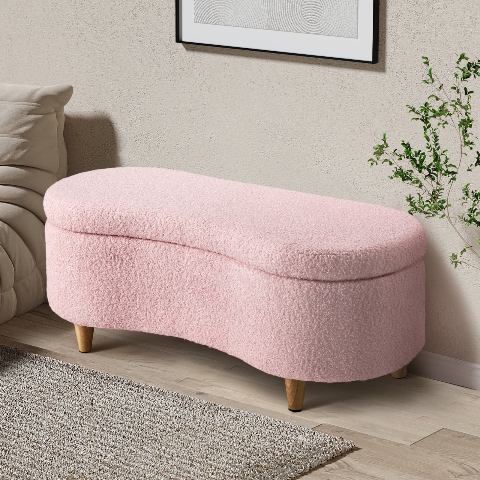 Oikiture Storage Ottoman Cashew Teddy Boucle Chest Bench Blanket Box Stool Pink - Sunyee