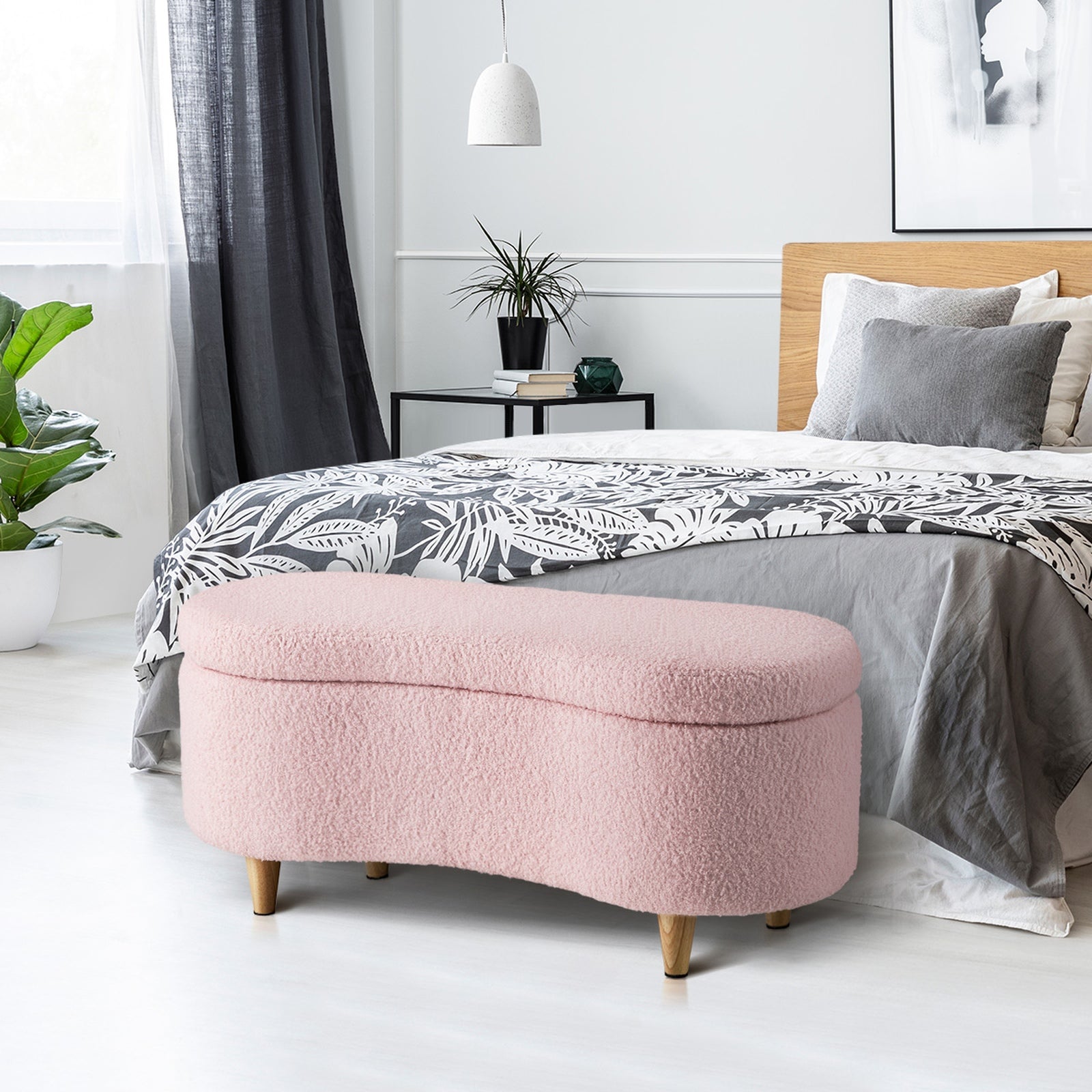 Oikiture Storage Ottoman Cashew Teddy Boucle Chest Bench Blanket Box Stool Pink - Sunyee