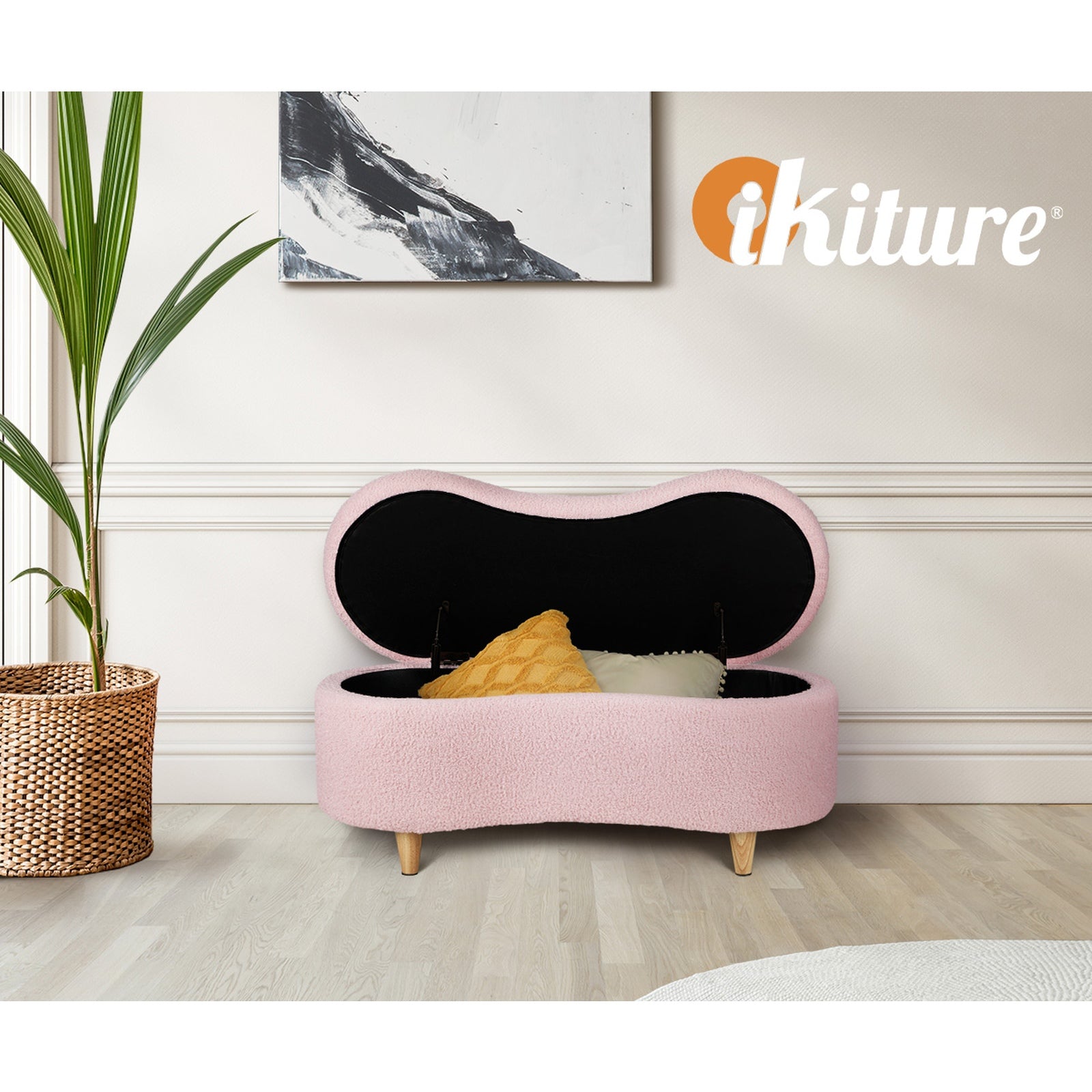 Oikiture Storage Ottoman Cashew Teddy Boucle Chest Bench Blanket Box Stool Pink - Sunyee