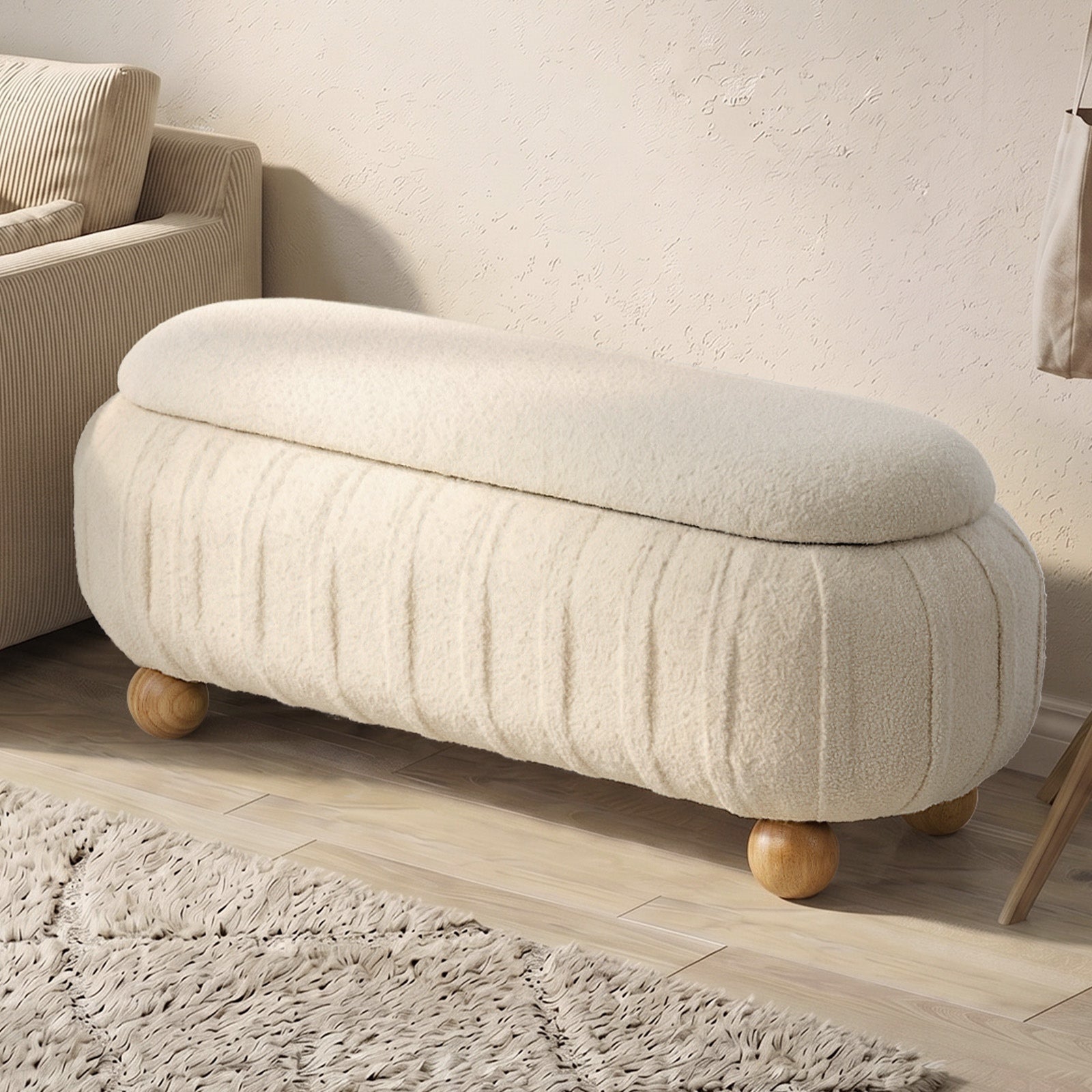Oikiture 103cm Teddy Boucle Storage Ottoman Oval Bench Chest Ball Legs Beige