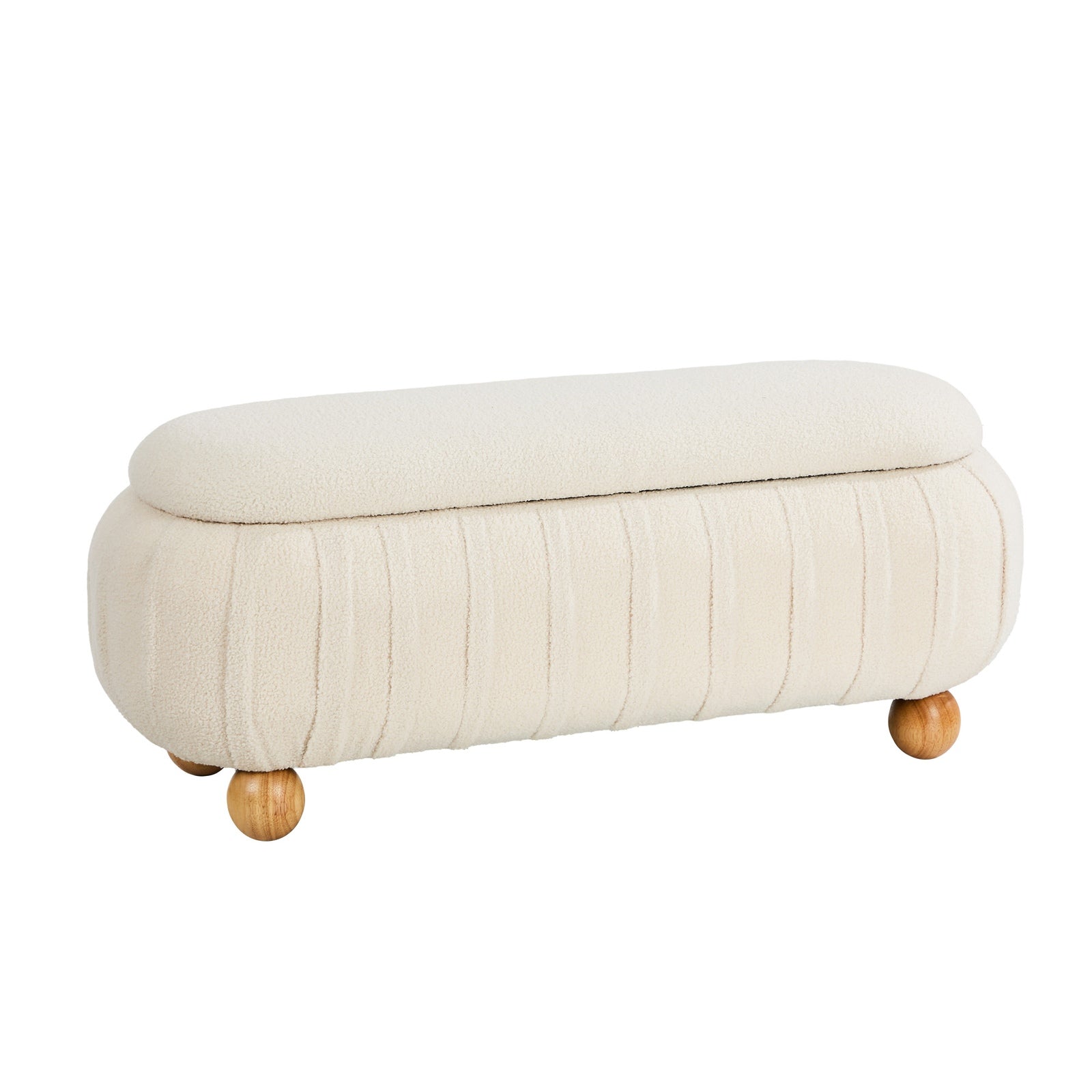 Oikiture 103cm Teddy Boucle Storage Ottoman Oval Bench Chest Ball Legs Beige