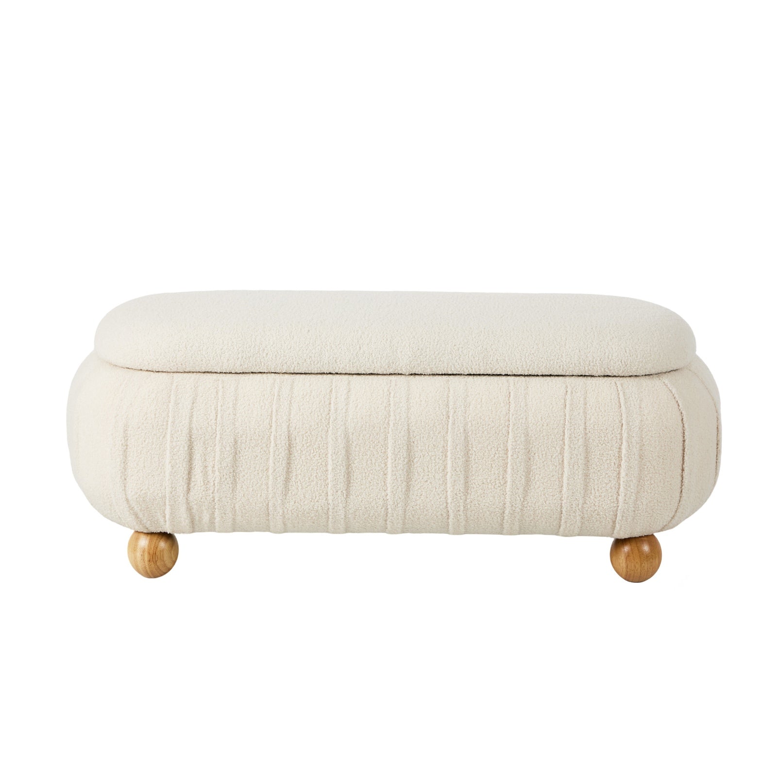 Oikiture 103cm Teddy Boucle Storage Ottoman Oval Bench Chest Ball Legs Beige