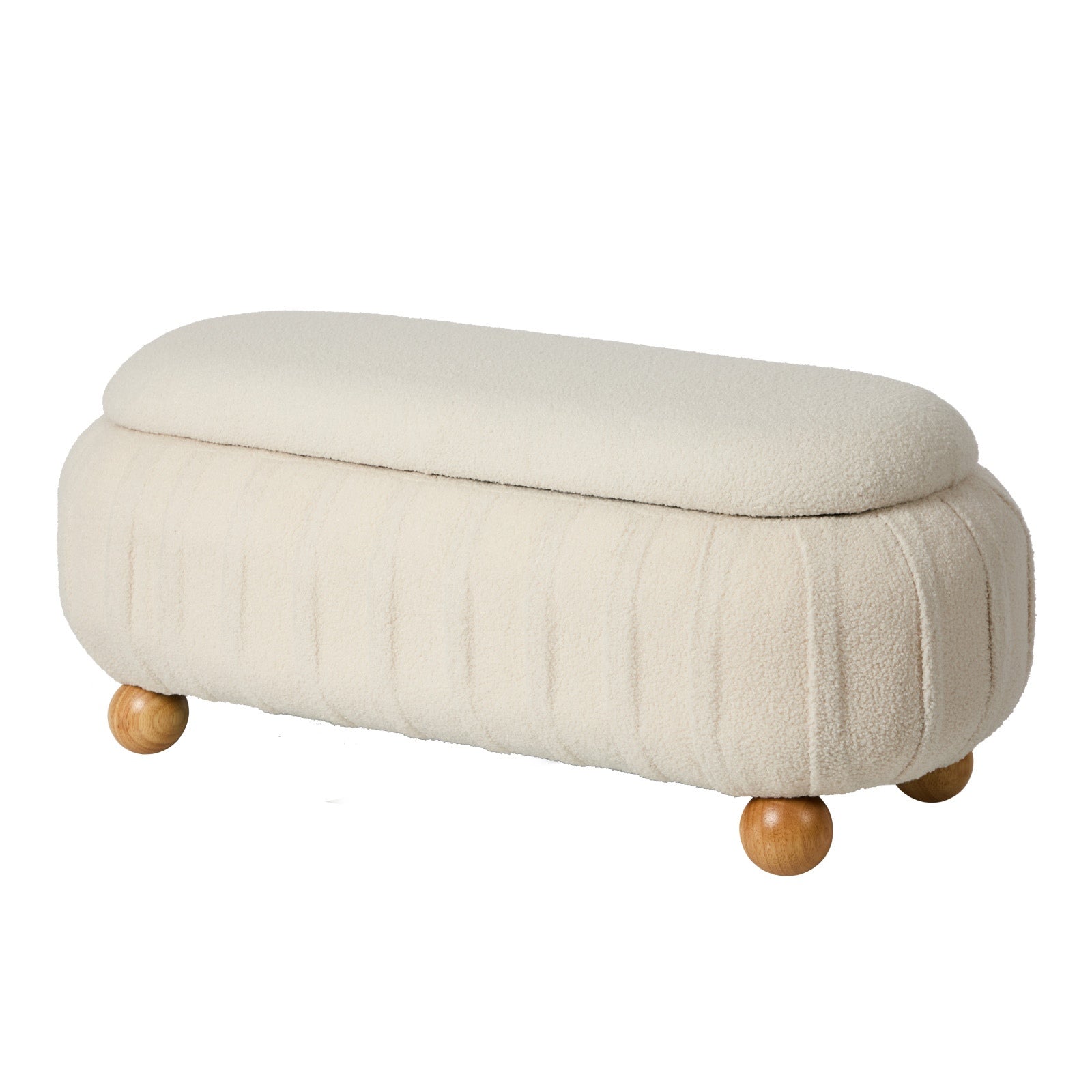 Oikiture 103cm Teddy Boucle Storage Ottoman Oval Bench Chest Ball Legs Beige