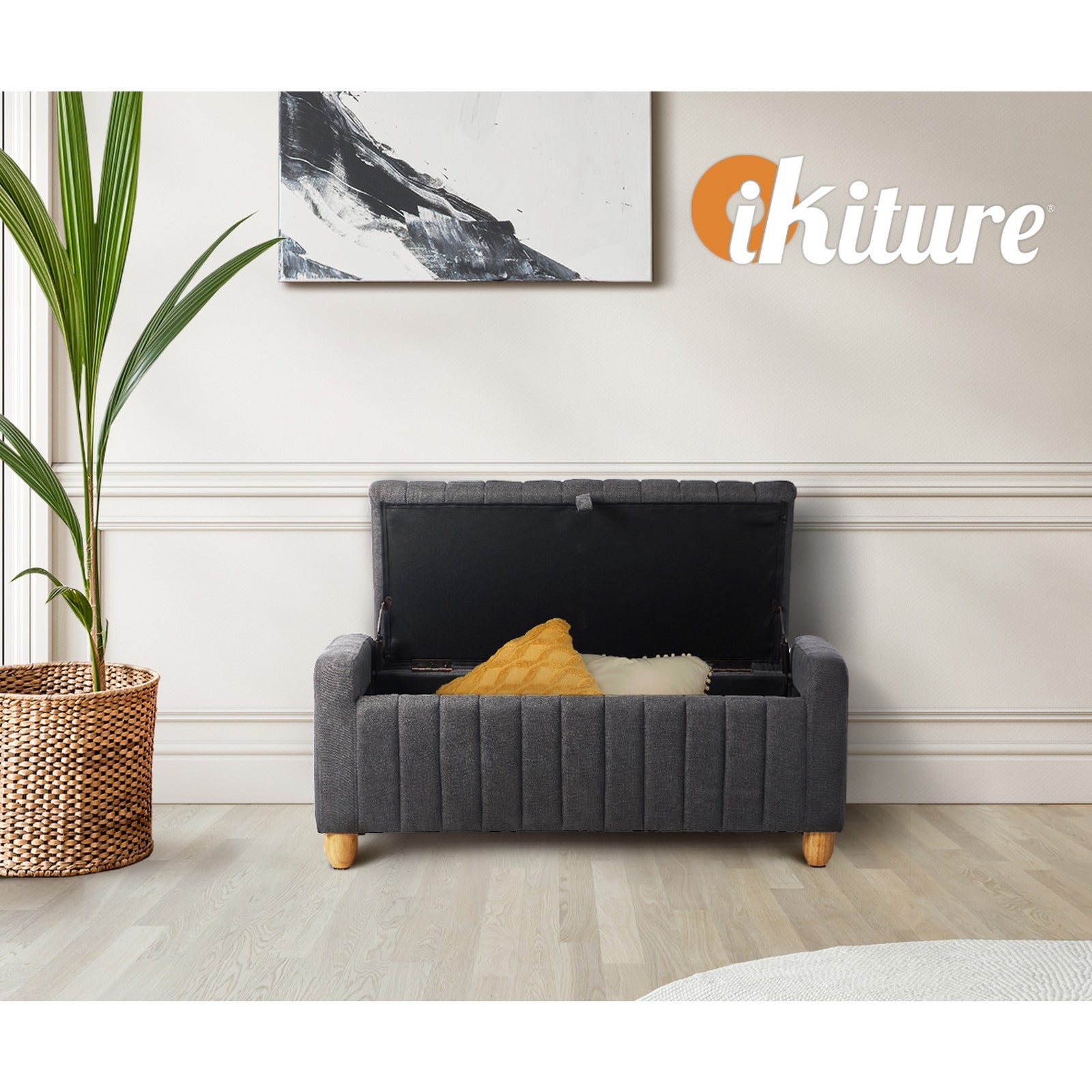 Oikiture Storage Ottoman Couch Footstool Linen Toy Chest Bench Blanket Box Grey - Sunyee