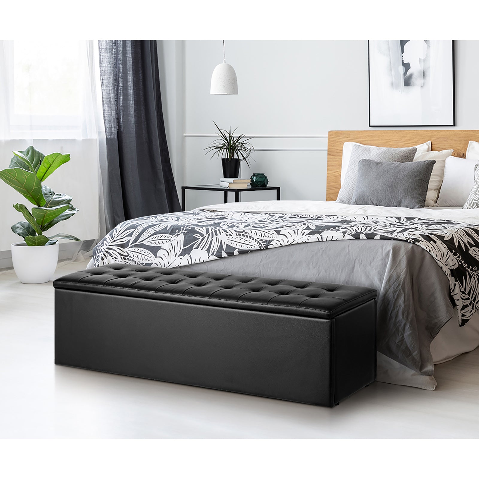 Oikiture Storage Ottoman Blanket Box Foot Stool XL Chest Toy Faux Leather Black - Sunyee