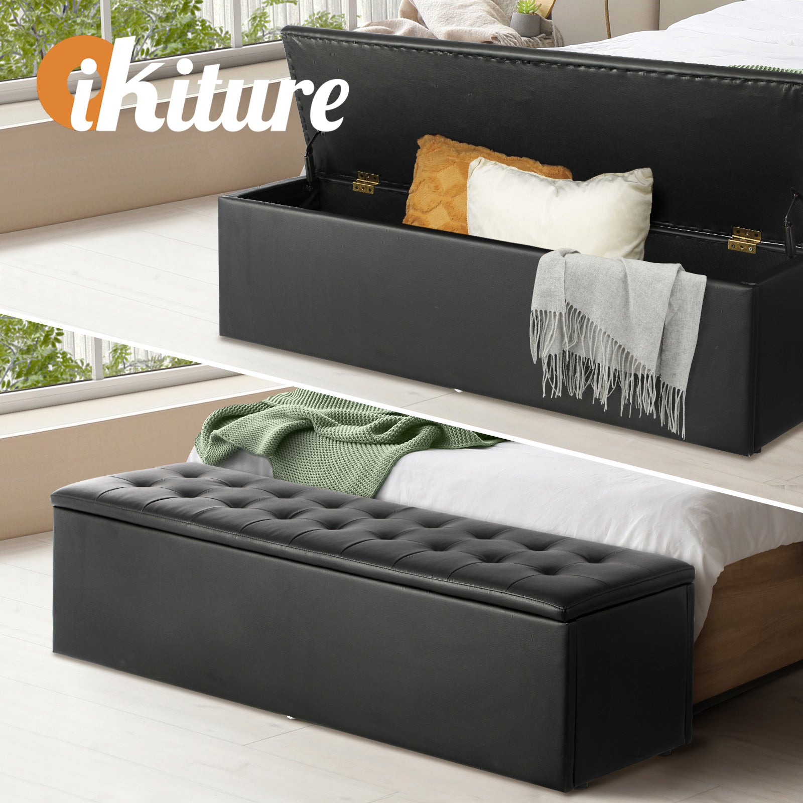 Oikiture Storage Ottoman Blanket Box Foot Stool XL Chest Toy PU Leather Black - Sunyee