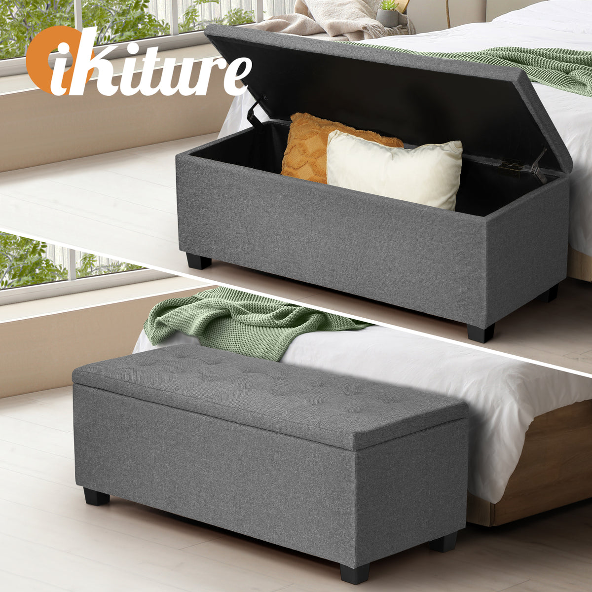 Oikiture Storage Ottoman Blanket Box Linen/Faux Leather Toy Foot Stool L/XL - Sunyee